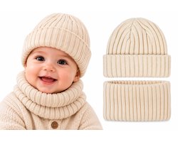 Baby Muts en Colsjaal Set – Gebreid met Warme Voering – Crème Beige – 3-12 Maanden – Wintermuts en Nekwarmer voor Baby's