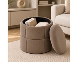 By Viento Ribstof Opbergpoef Taupe – Ø38 × H38 cm – Zachte Ribstof – Ronde Poef met Ruime Opbergruimte