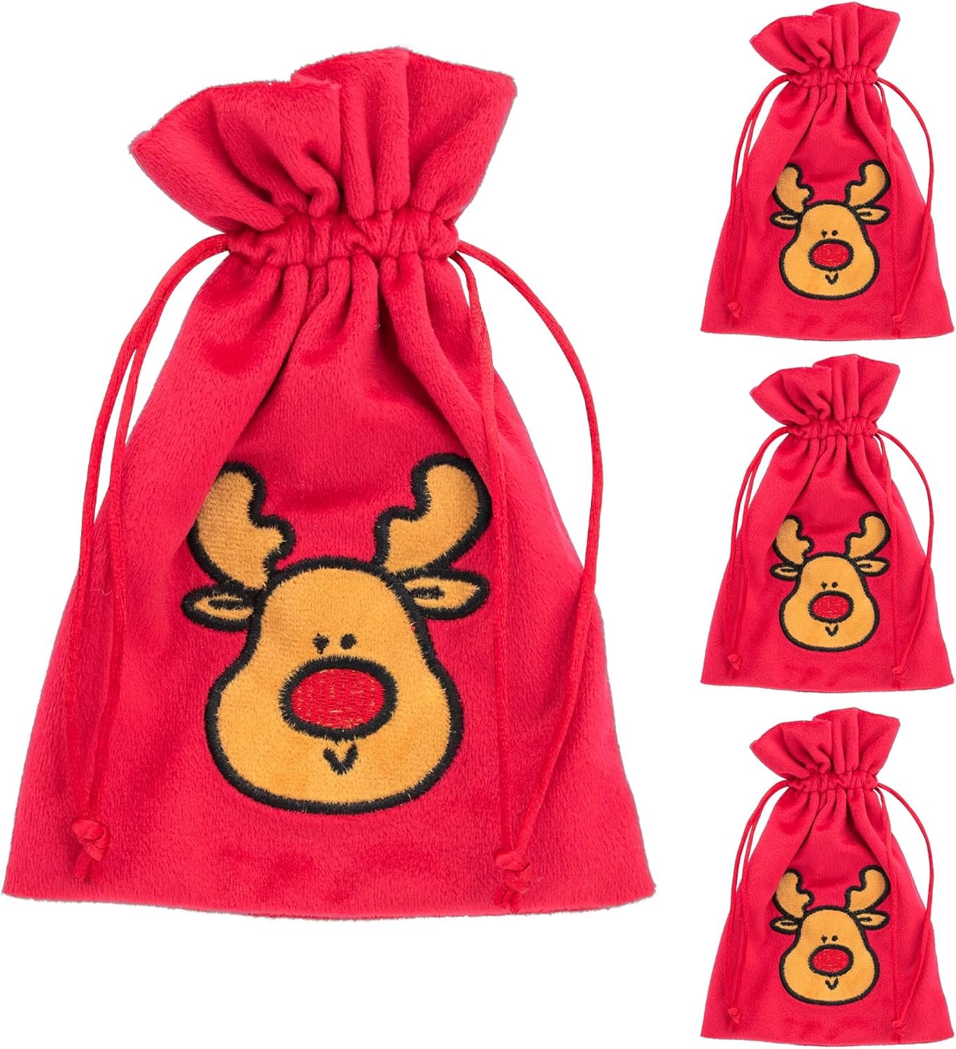 stoffen zakjes 13 x 18 cm - rood fluweel met rendiermotief - trekkoordsluiting - voor kerstcadeautjes - 4 stuks - Vemera