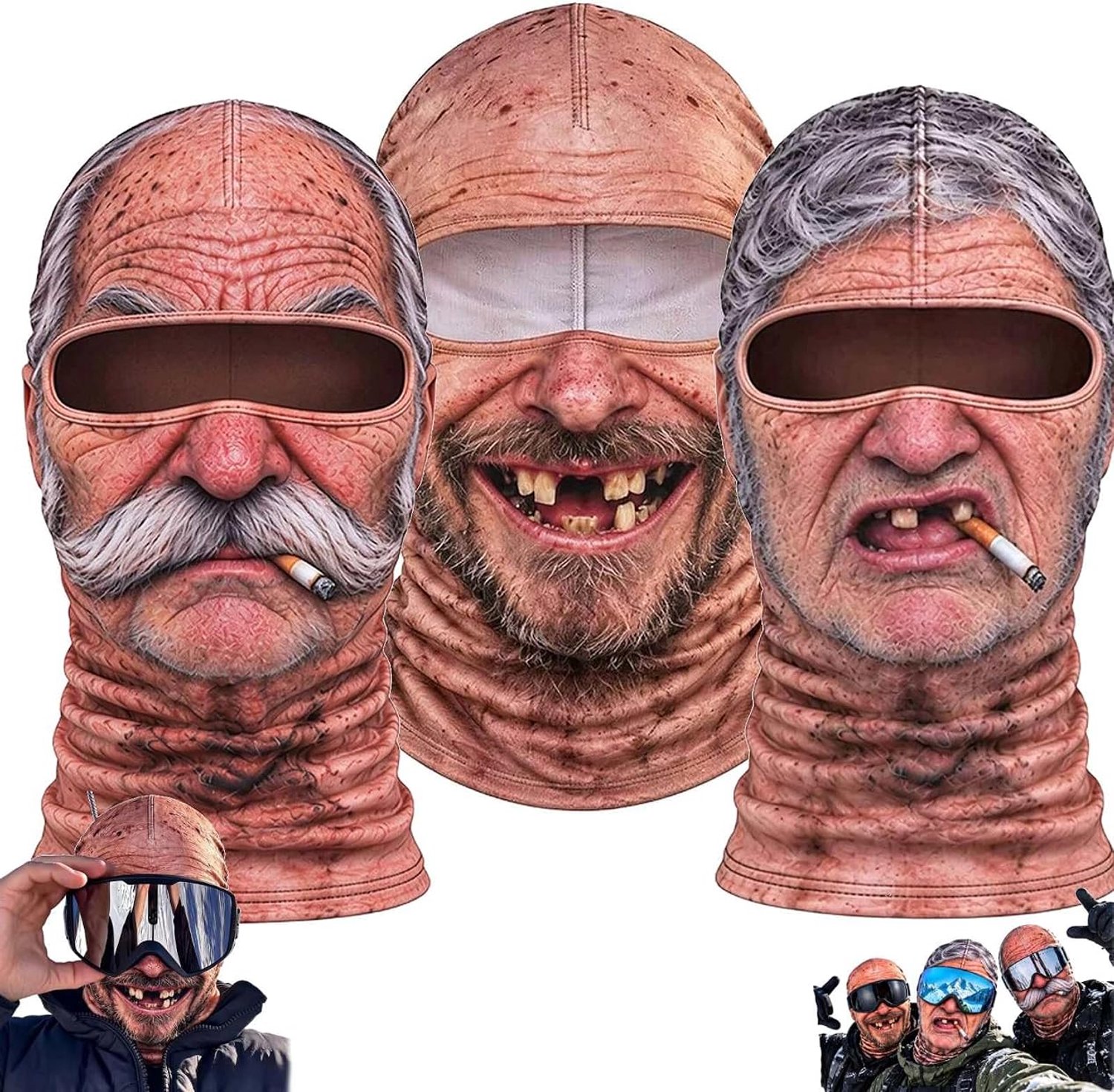 3 stuks Realistische 3D Print Balaclava Maskers Grappig Oude Man & Vrouw Gezichtsmasker Volledig Gezicht & Nek Bedekking Voor Skiën Snowboarden Buiten Halloween Carnaval Feestaccessoire Grappig Nieuwigheid Cadeau voor Volwassenen Cyslmuk® Stijl-a