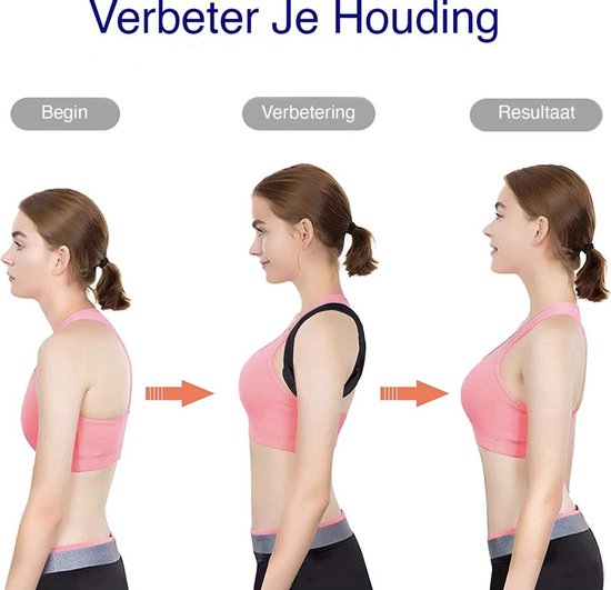 Vrouw draagt zwarte postuur corrector over roze sportbeha voor verbetering van de houding.
