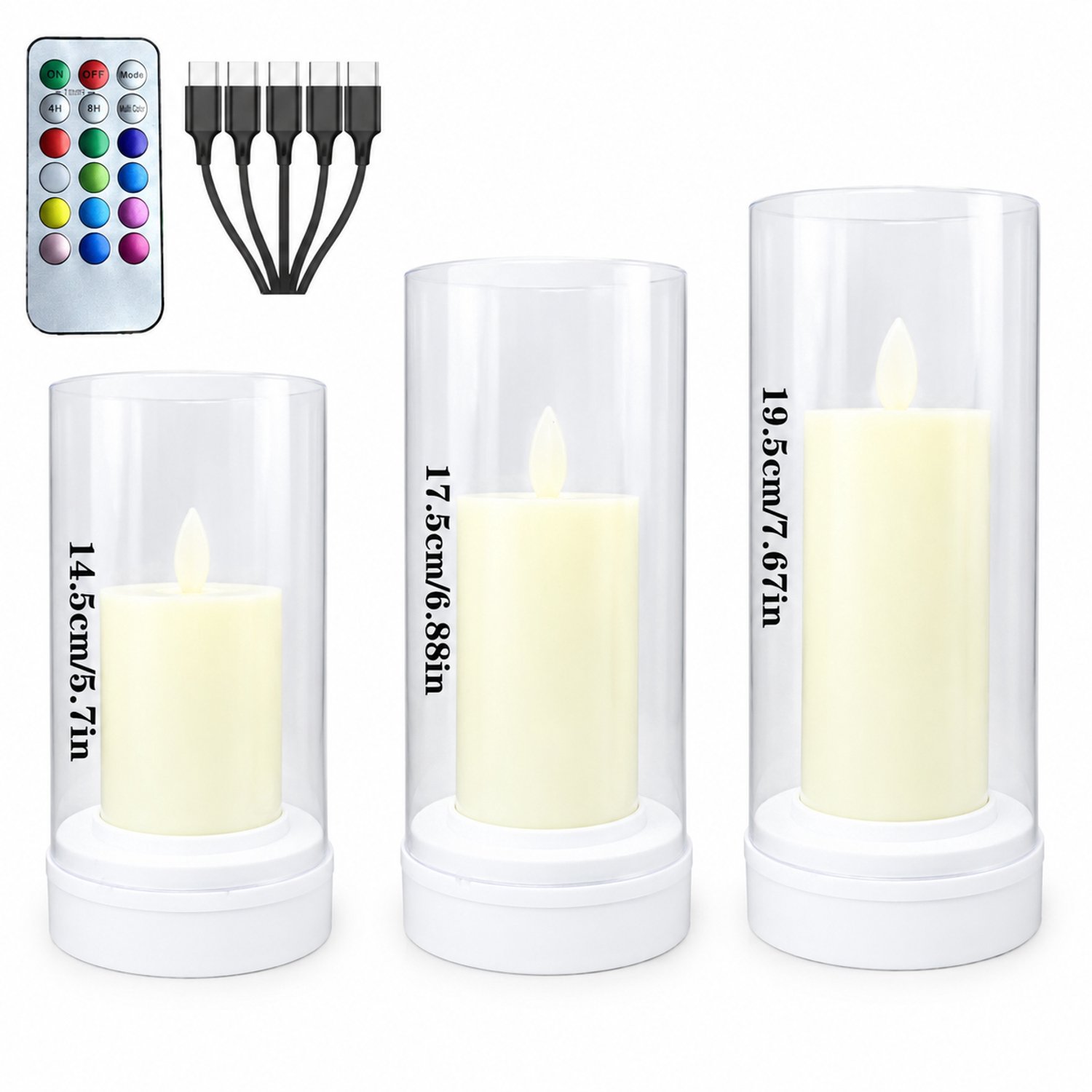 led kaarsen set van 3 - warm licht, kogelvormige lichtpit, transparante cilinderkap - hoogtes 14,5/17,5/19,5 cm
