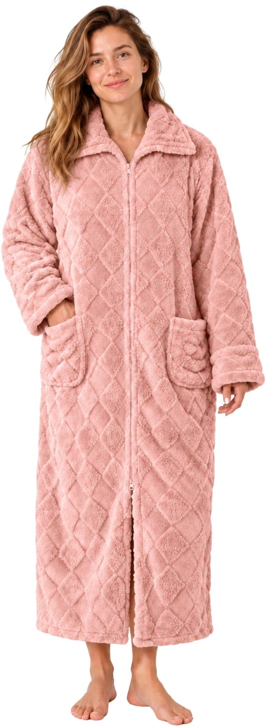 Badrock Badjas met Rits Dames - Extra Lang Fleece Ruitreliëf - Roze Lichtroze