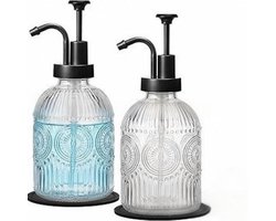Dispenser voor koffiesiroop (350 ml) – Glazen siroopflessen, set van 2 (zwarte pomp) met bamboeplateau – Accessoires en organisatie voor de koffiebar thuis, inclusief trechter – Modern 'farmhouse'-design