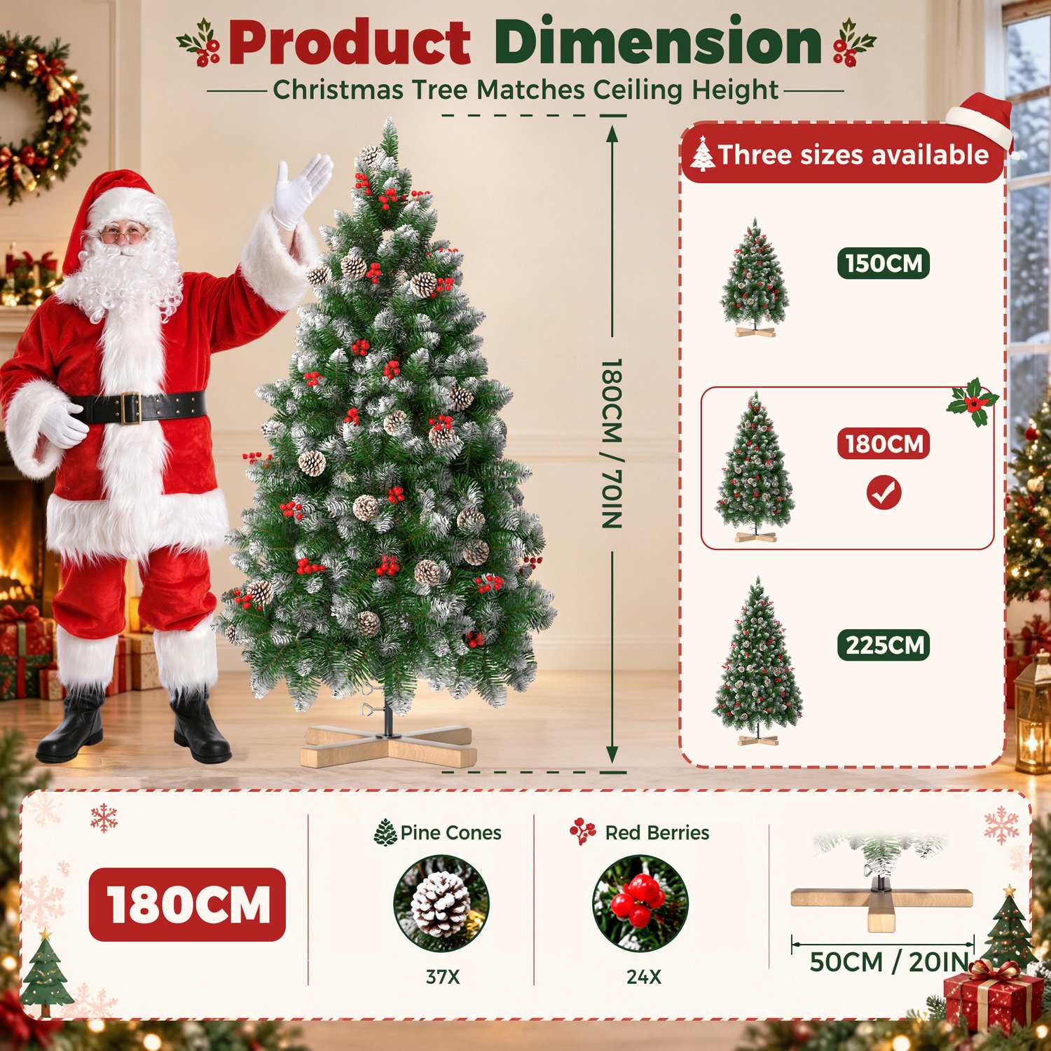 Automatische Kerstboom – 180cm Kunstkerstboom – met Witte Punten & Dennenappels – foto 4