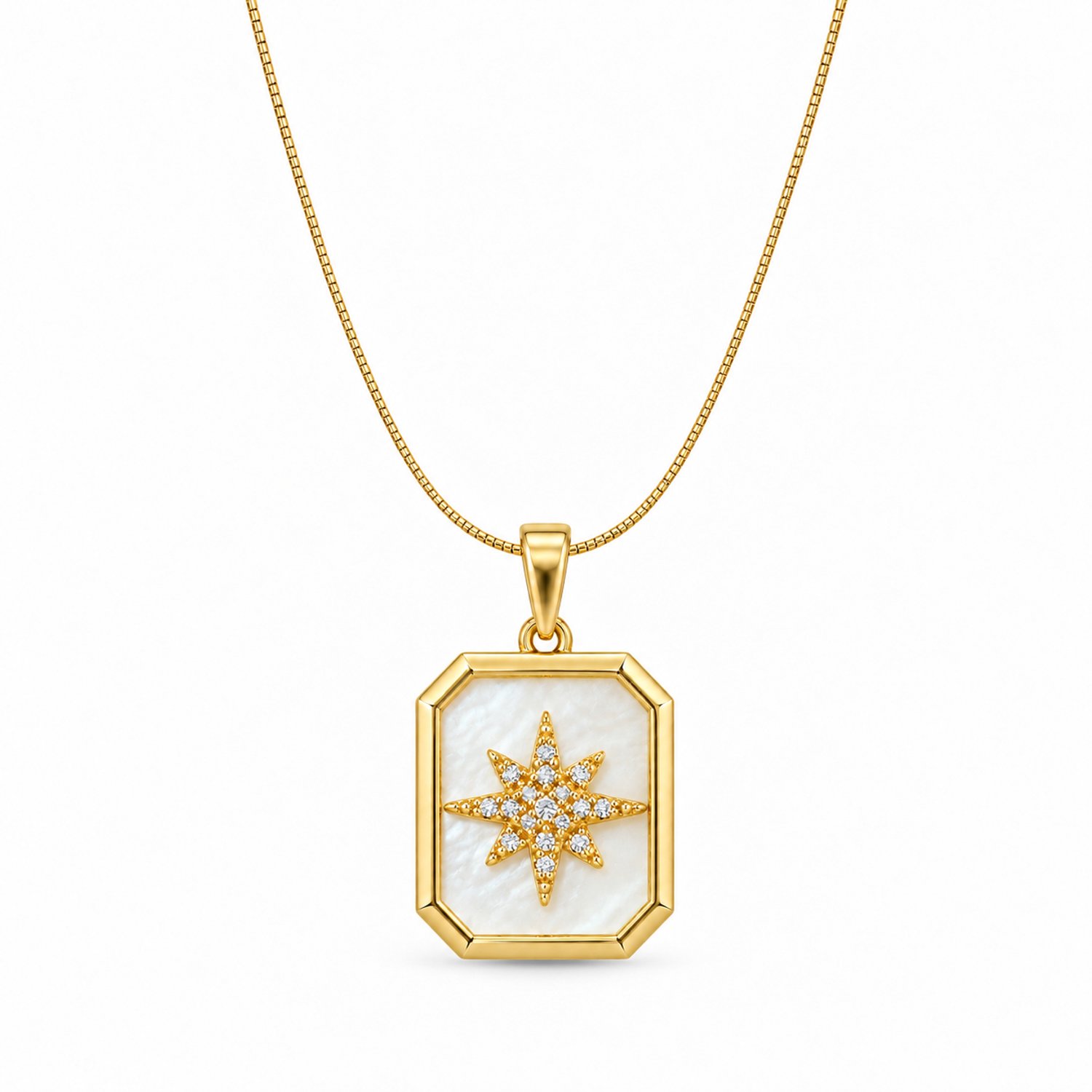 Engravia by Derya – Damesketting met Sterhanger – Stainless Steel – Goudkleurig met Parelmoer en Zirkonia – Elegante Ketting – Cadeau voor Haar