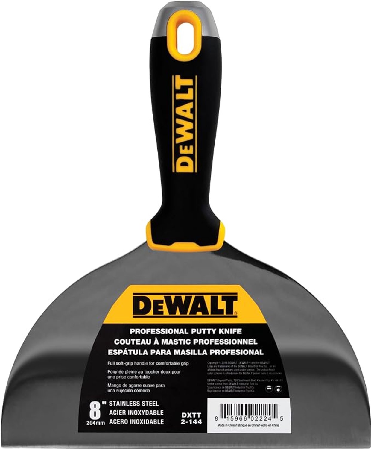 DEWALT DXTT-2-144 - Plamuurmes 20 cm (8 inch) - RVS - Softgrip greep met hamerkop - Breed afwerkmes voor gipsplaat
