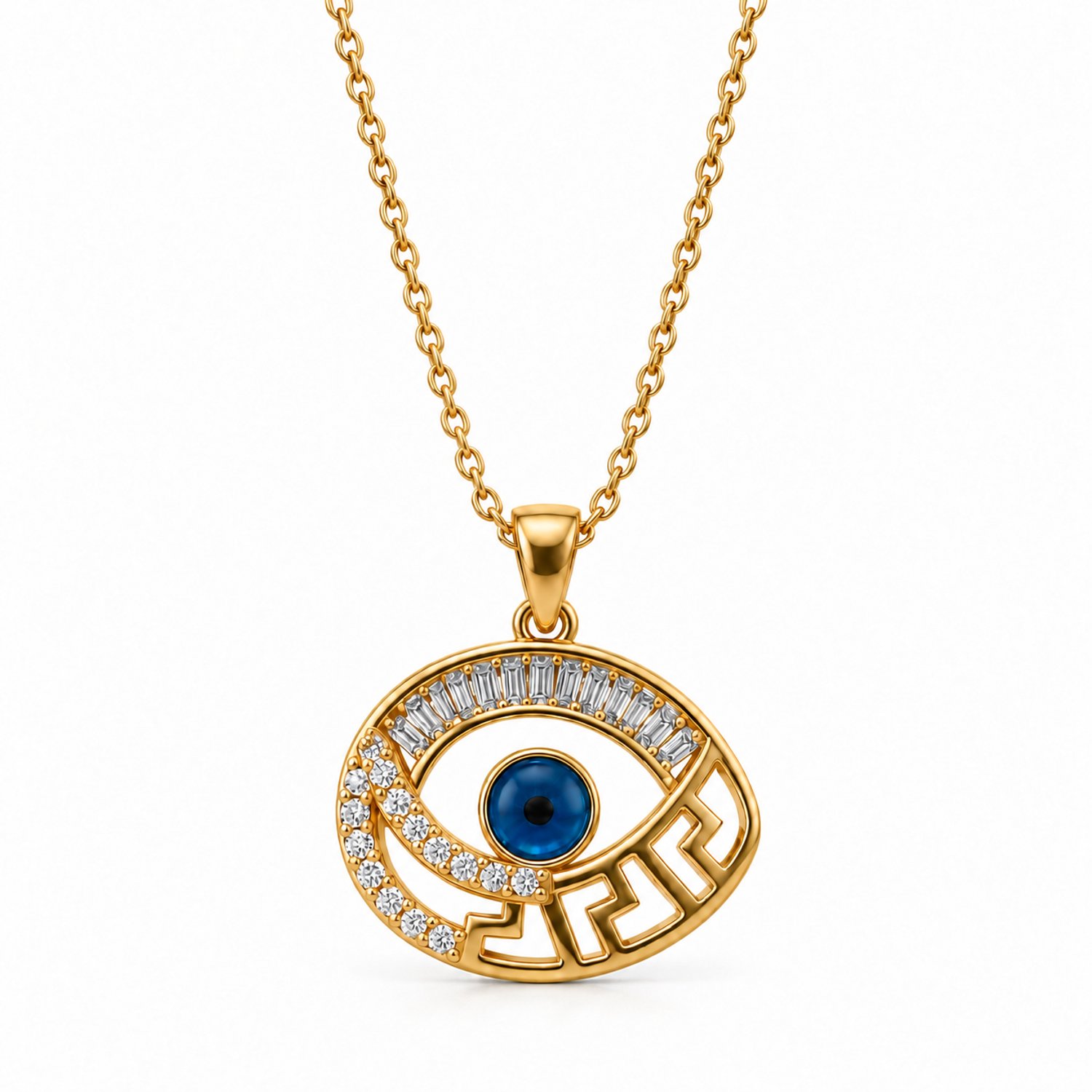 Engravia by Derya – Damesketting met Ooghanger – Stainless Steel – Goudkleurig met Zirkonia en Nazar Oog – Beschermend Sieraad – Cadeau voor Haar