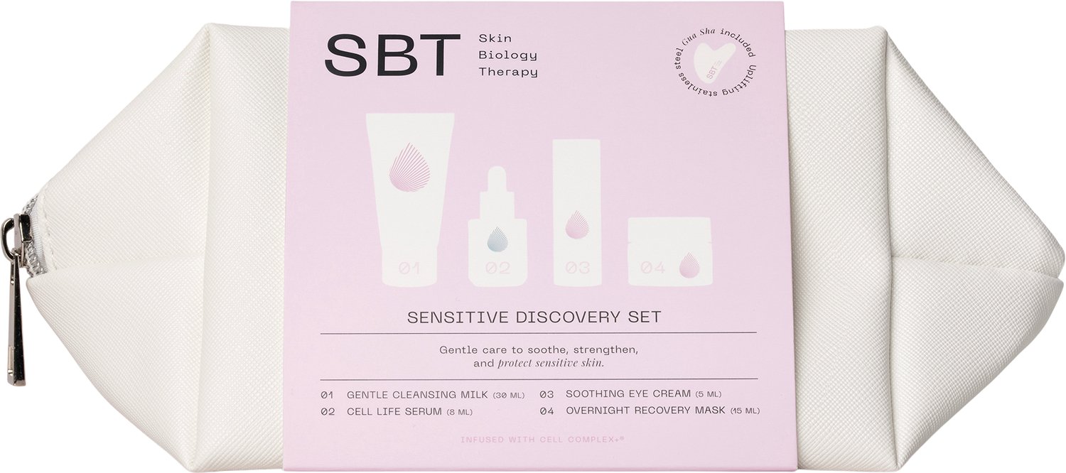 SBT Sensitive Discovery Set – Luxe Gezichtsverzorgingsset voor Gevoelige Huid – 4 Travel Size Producten met Serum, Oogcrème, Reinigingsmelk en Nachtmasker – Inclusief Gua Sha