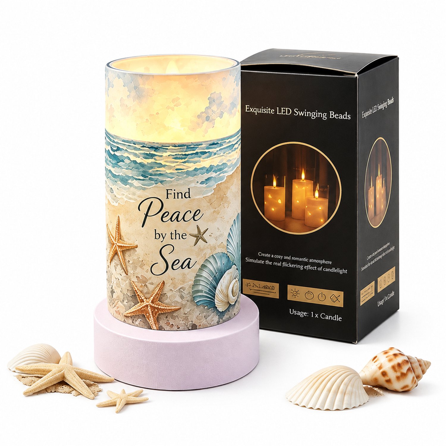 led kaarsen met strandmotief - 1 stuk, 7,5 x 15 cm, kogelmodel, warm licht, op batterijen, met doos, zonder batterijen