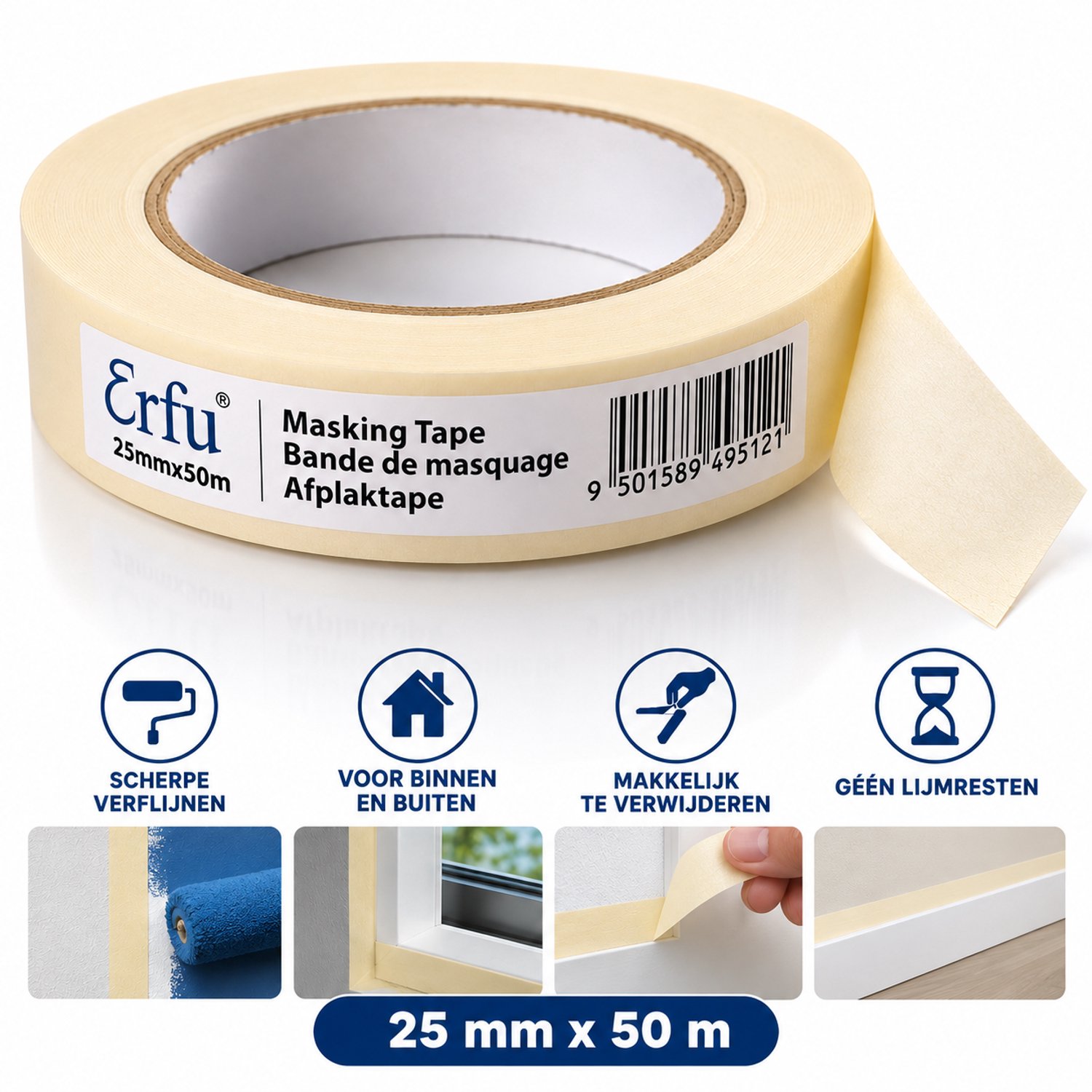 ERFU Afplaktape Crème 25 mm x 50 m – Schilderstape – Masking Tape