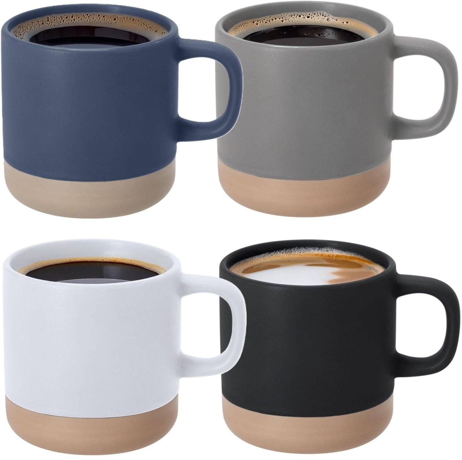 Bellatio Design Koffiekopjes Eliza - 4x stuks - mix kleuren - 350 ml - mokken - keramiek - bekers - zwart - blauw - grijs - wit
