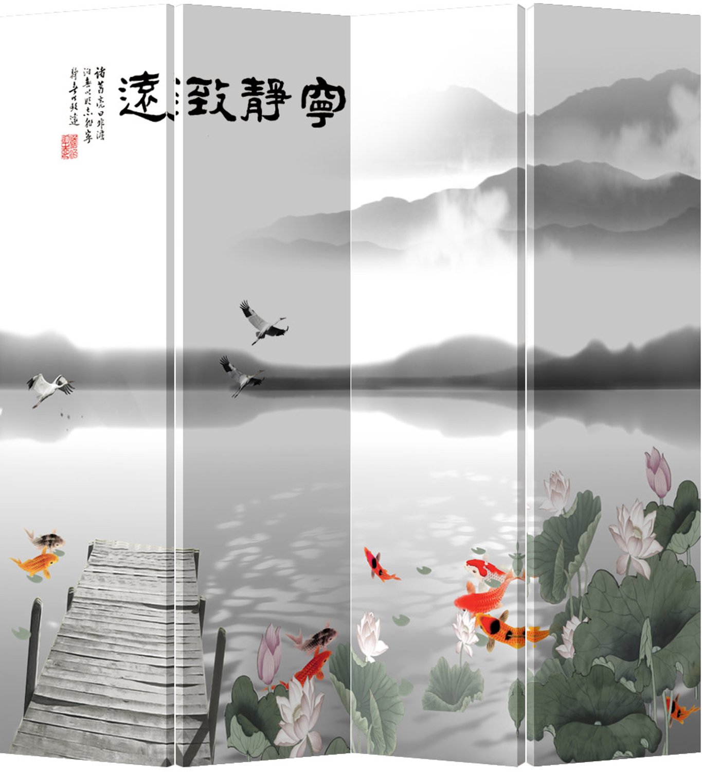 Fine Asianliving Kamerscherm Scheidingswand B160xH180cm 4 Panelen Meer Koi Canvas Dubbelzijdig multi