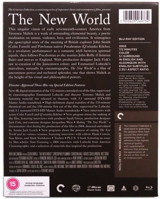 Achterzijde van The New World Blu-ray hoes met gedetailleerde filmbeschrijving en specificaties.