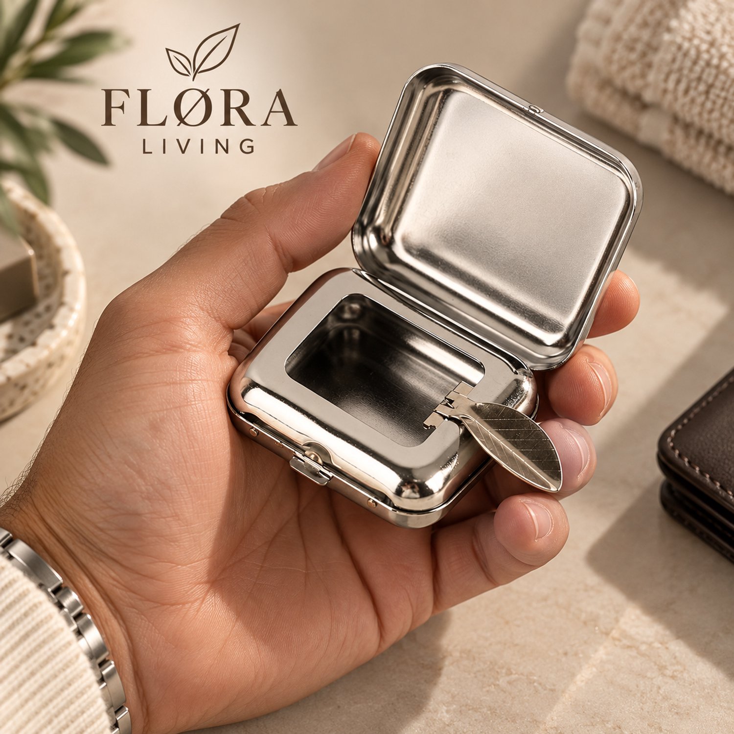 FLØRA Living Zakasbak Draagbaar - Zilver - Mini Metalen Asbak met Deksel - Winddicht