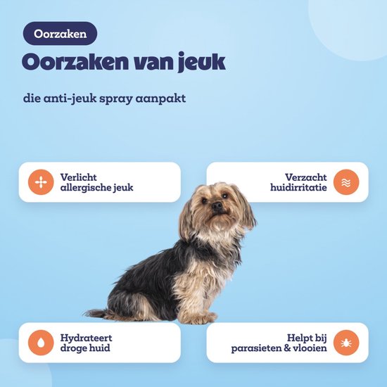 Oorzaken van jeuk die de spray aanpakt: allergische jeuk, huidirritatie, droge huid en vlooien.