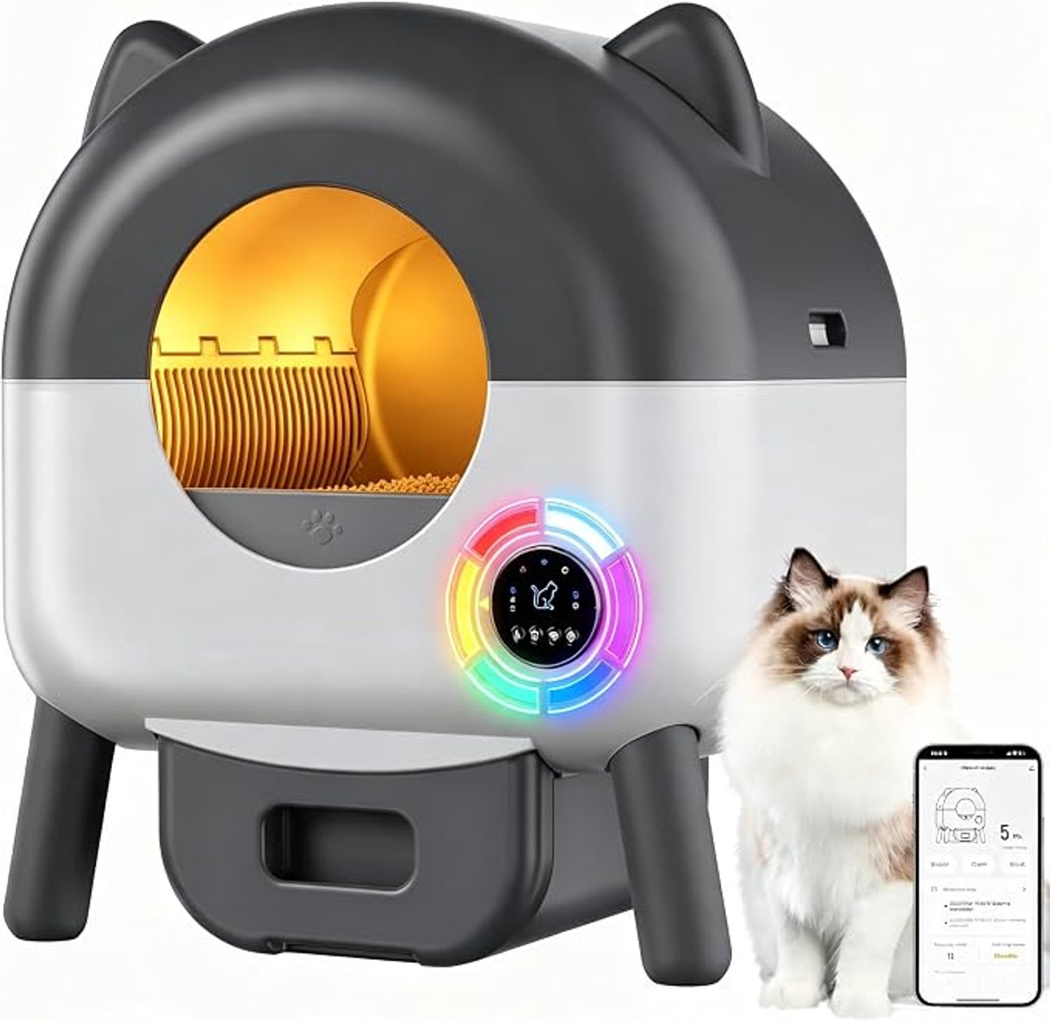 Zelfreinigende kattenbak XXL - 89L capaciteit - App‑bediening & veiligheidssensoren - 6 sfeerverlichtingskleuren - Lekvrij & geurwerend - Stille werking - Geschikt voor meerdere katten