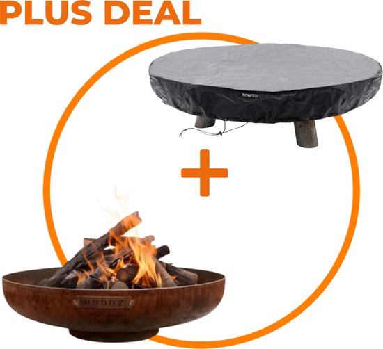 Plus Deal: Moodz vuurschaal met brandend hout en een zwarte beschermhoes van Bonfeu.