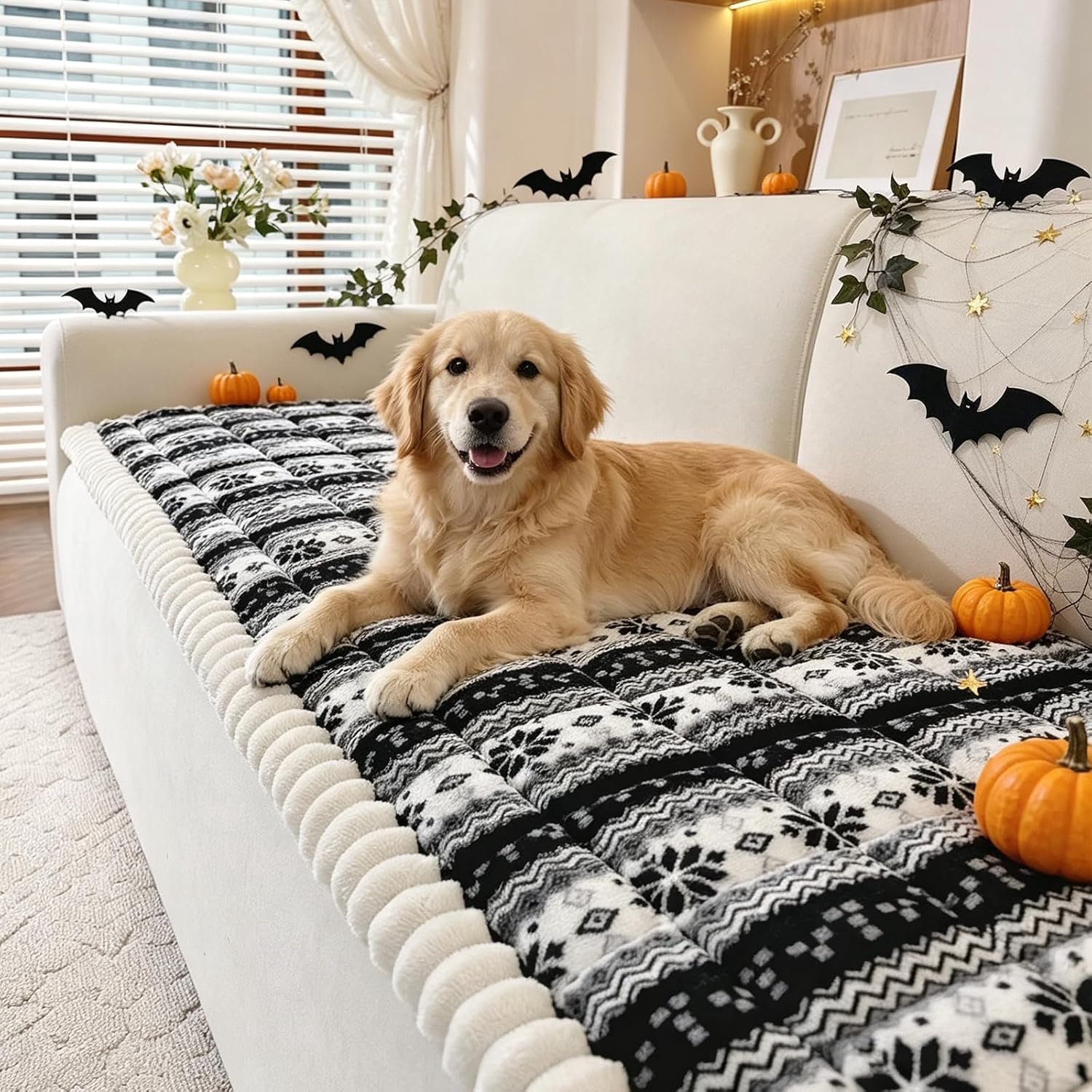 Kerst bankhoes voor hond en kat - pluizig antislip meubelbeschermer 27.6 × 59.1 inch | Sneeuwvlokpatroon - machinewasbaar