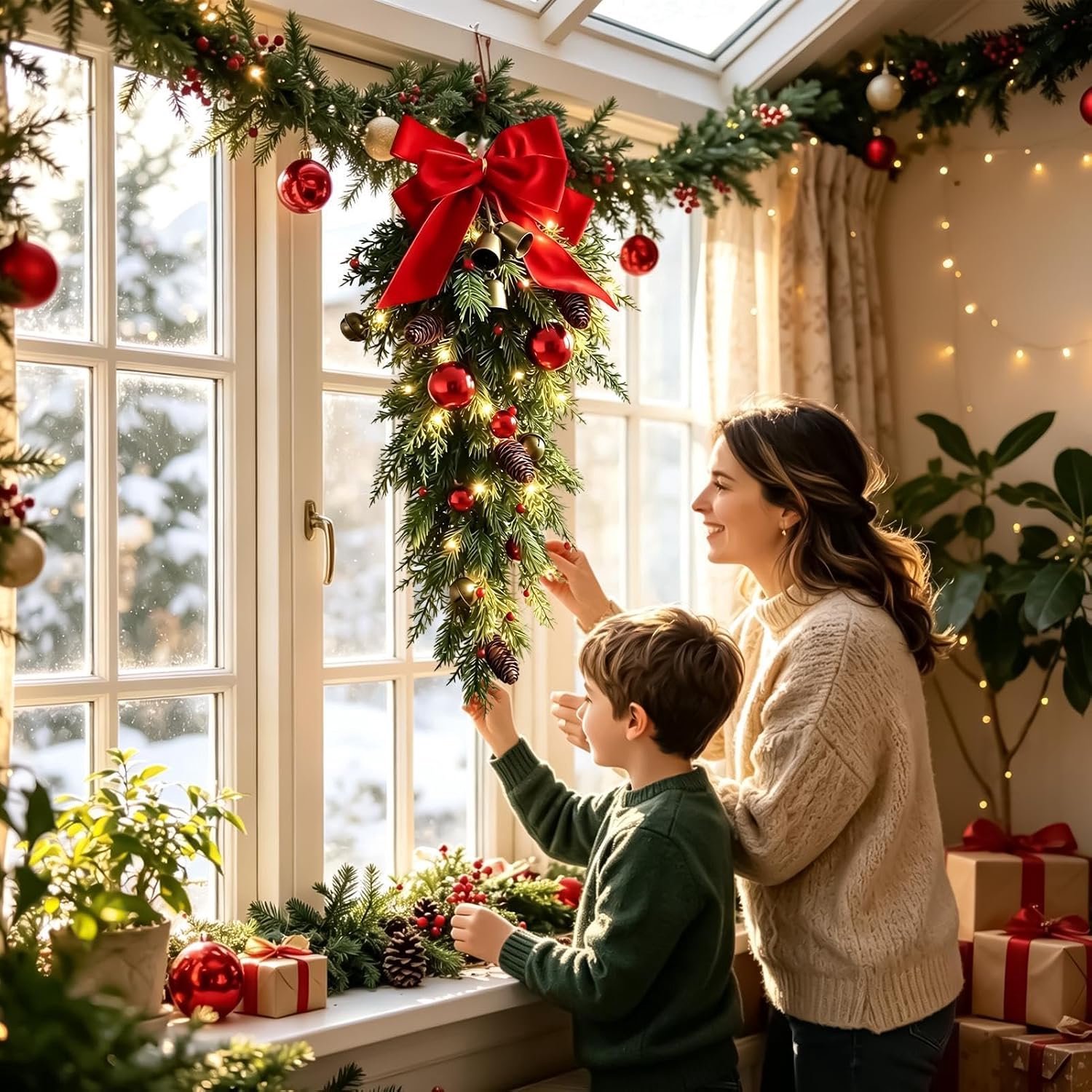 1 stuk - Kerstkrans - Kerstbelversiering - geschikt om op te hangen aan vloeren en deuren - strikversiering - Kerstdecoratie - met lichtjes - rood – foto 2