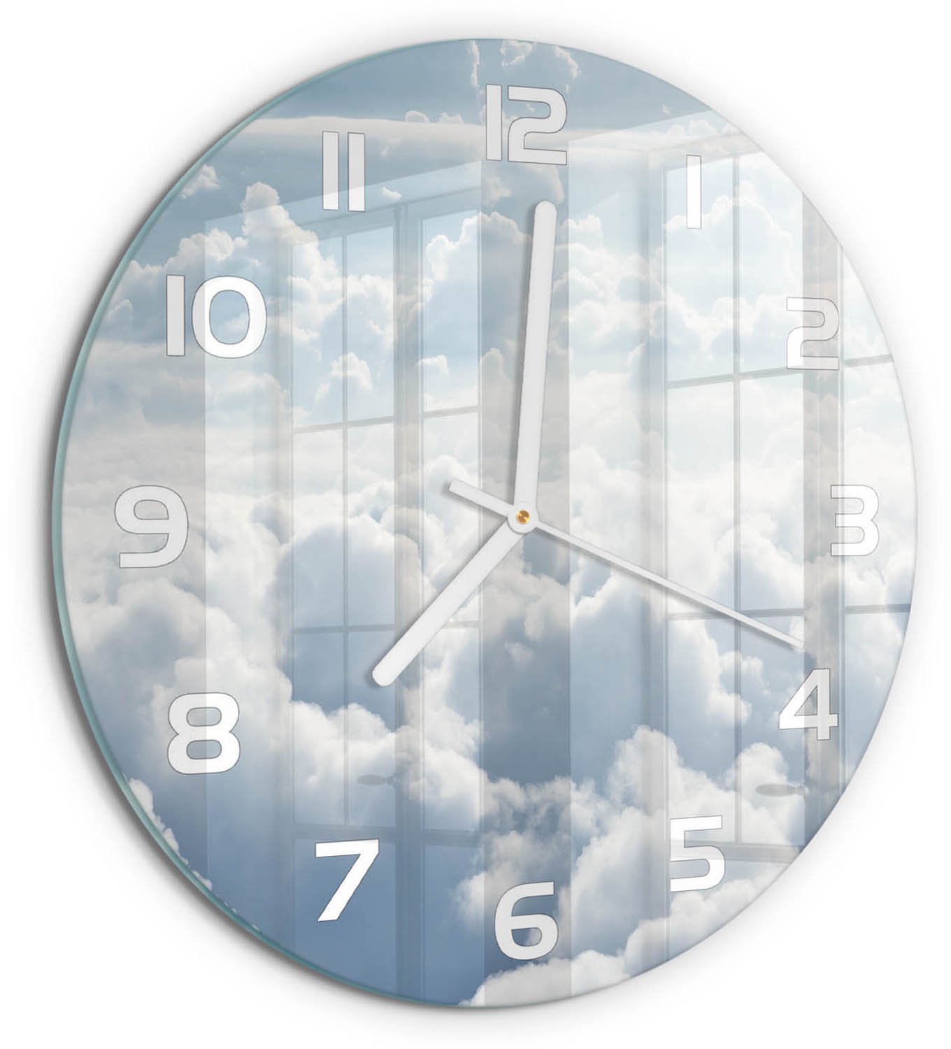 TULUP Wandklok - Wolken gezien vanuit vogelperspectief Decoratieve Glazen Klok - fi30 cm - Wit Glazen Wandklok Design - Witte handen - Ronde Klok - Glazen Klok Met Print - Wandklok Glas Met Motief