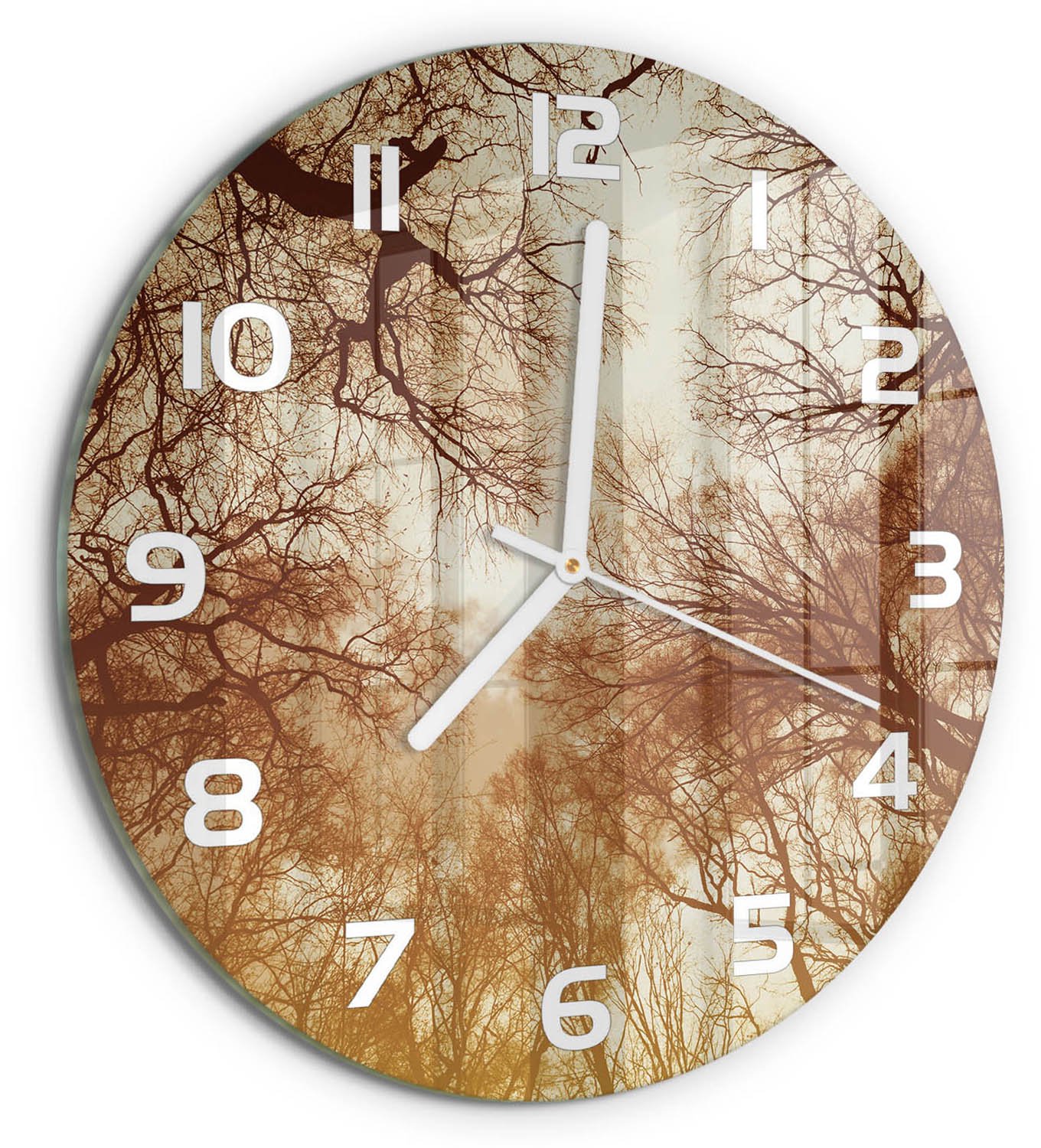 TULUP Wandklok - Woud Klok Glas Met Opdruk - fi30 cm - Bruin Moderne Wandklok Glas - Witte handen - Ronde Klok - Decoratieve Glazen Klok - Glazen Wandklok Design