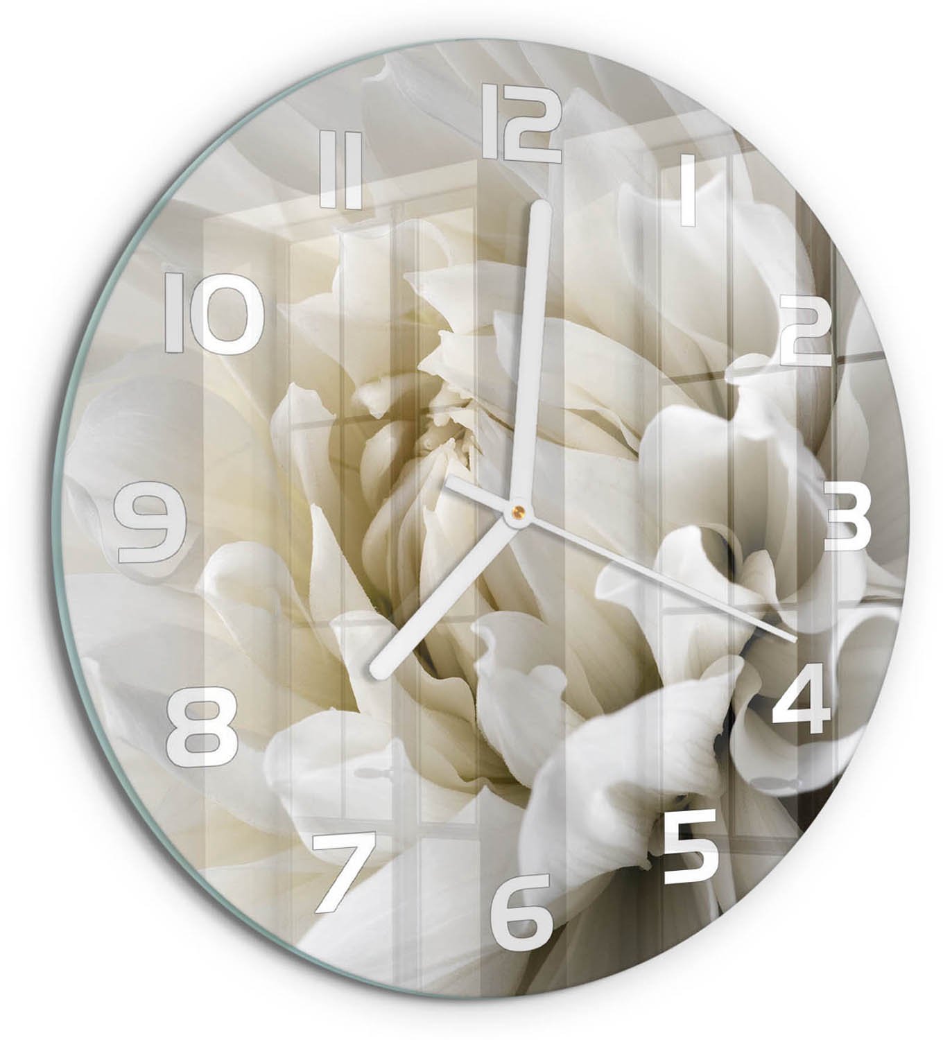 TULUP Wandklok - Witte dahlia Klok Glas Met Opdruk - fi30 cm - Wit Moderne Wandklok Glas - Witte handen - Ronde Klok - Decoratieve Glazen Klok - Glazen Wandklok Design