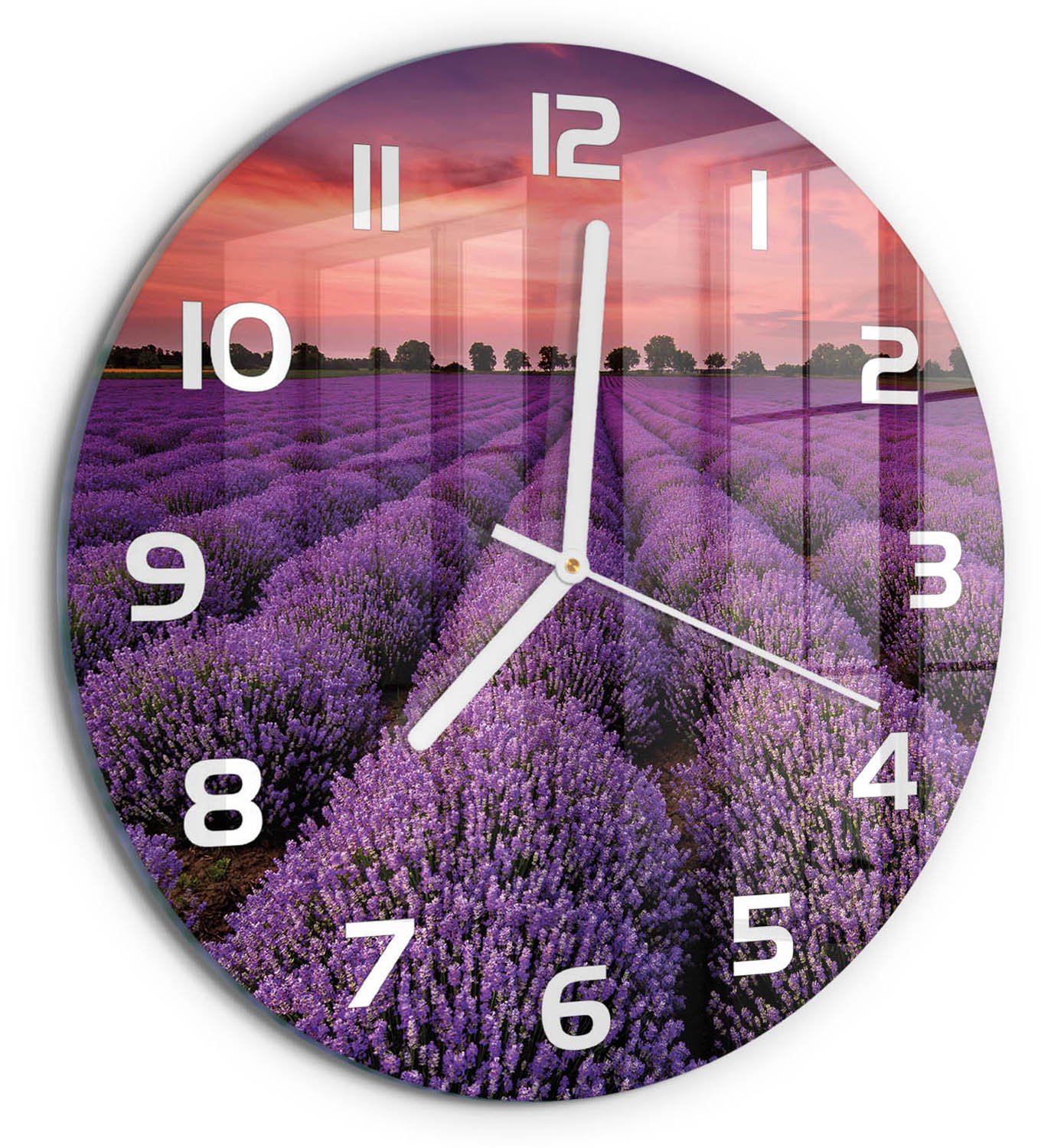 TULUP Wandklok - Lavendelveld Glazen Wandklok Design - fi30 cm - Paars Klok Glas Met Opdruk - Witte handen - Ronde Klok - Wandklok Glas Met Motief - Decoratieve Glazen Klok
