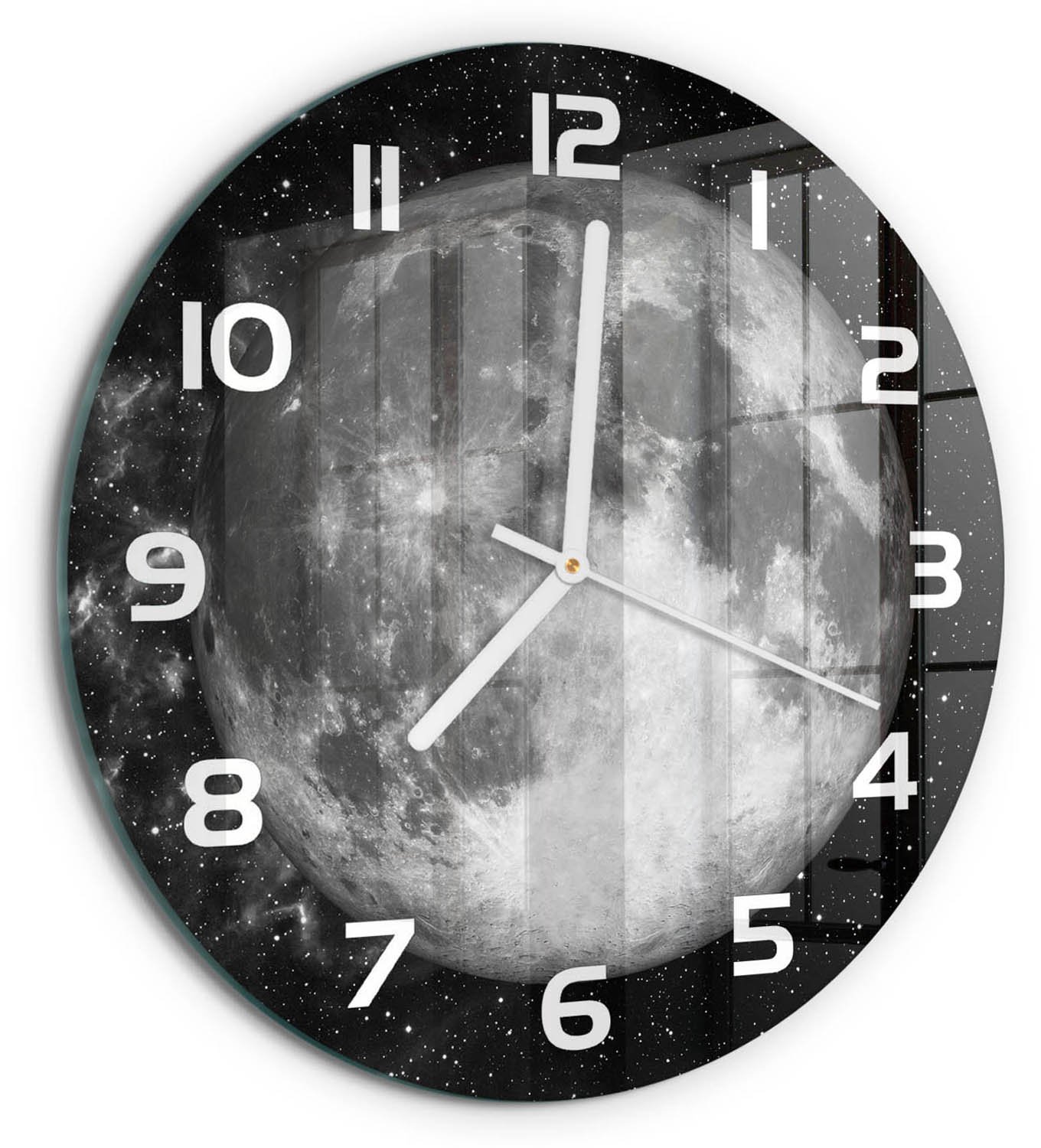 TULUP Wandklok - Maan Wandklok Glas Met Motief - fi30 cm - Zwart-wit Decoratieve Glazen Klok - Witte handen - Ronde Klok - Gekleurde Glazen Klok - Glazen Klok Met Print