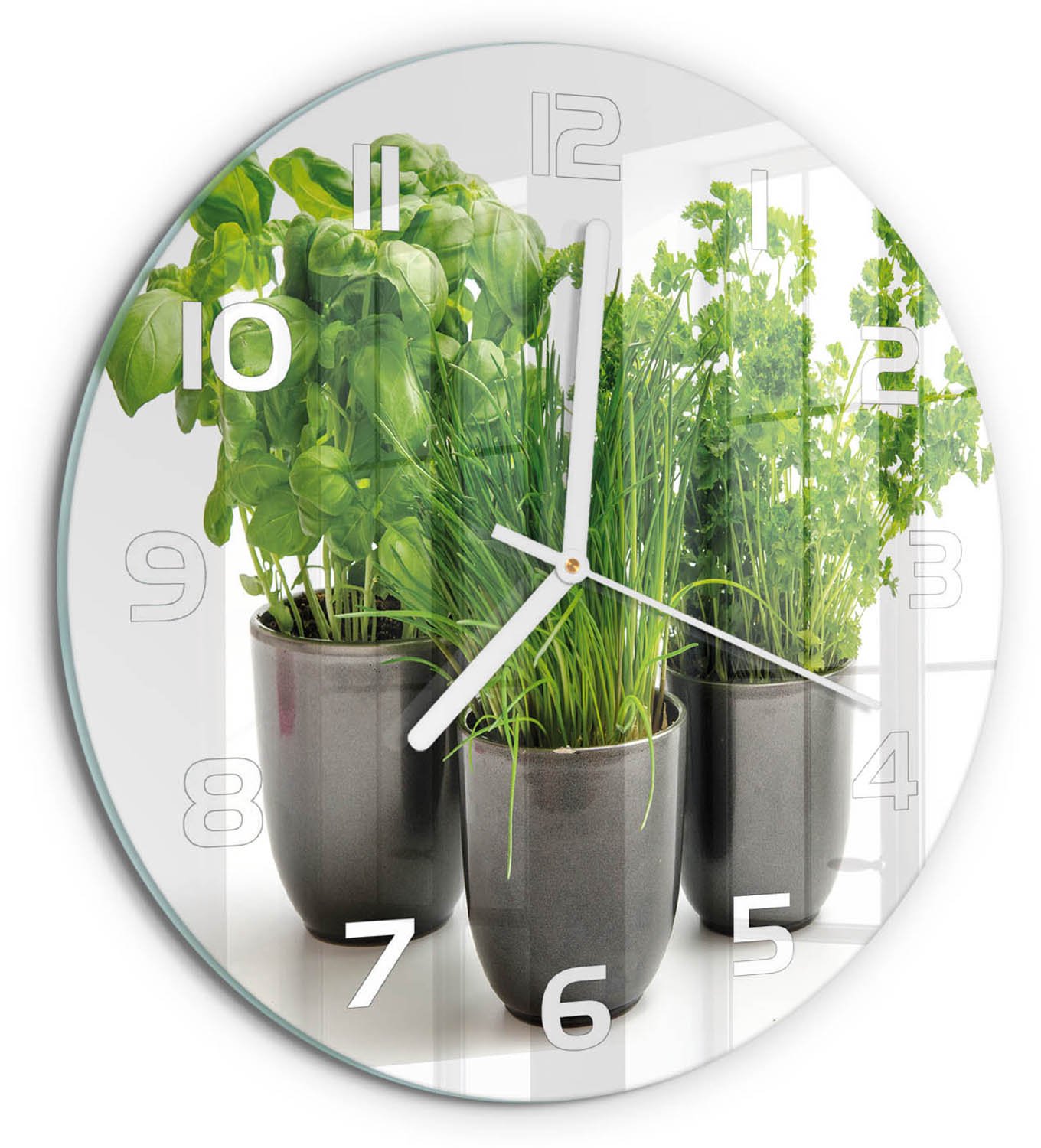 TULUP Wandklok - Kruiden in potten Decoratieve Glazen Klok - fi30 cm - Groente Glazen Wandklok Design - Witte handen - Ronde Klok - Glazen Klok Met Print - Wandklok Glas Met Motief