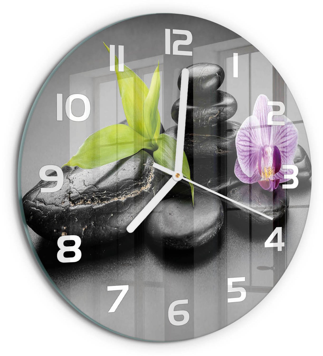 TULUP Wandklok - Zen-stenen Wandklok Glas Met Motief - fi30 cm - Zwart Decoratieve Glazen Klok - Witte handen - Ronde Klok - Gekleurde Glazen Klok - Glazen Klok Met Print