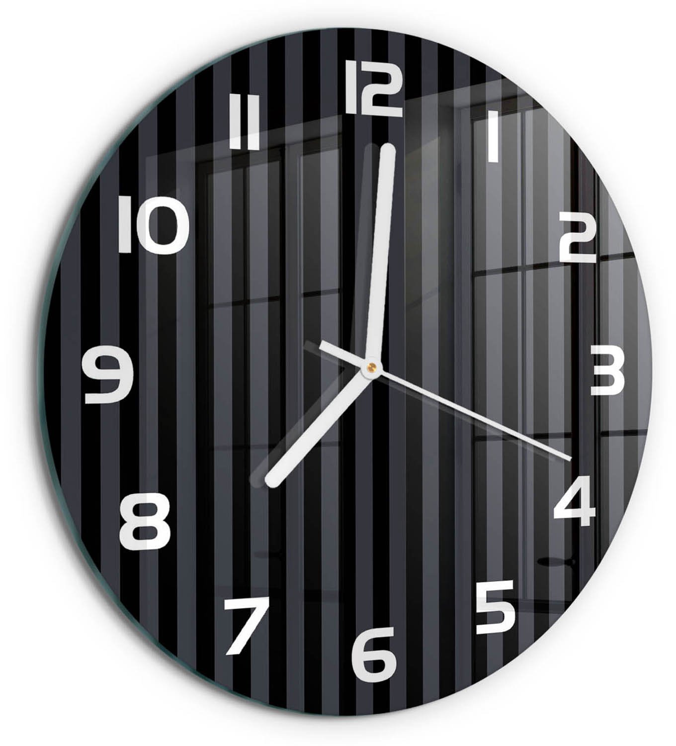 TULUP Wandklok - Zwarte en grijze strepen Moderne Wandklok Glas - fi30 cm - Zwart Wandklok Glas Decoratie - Witte handen - Ronde Klok - Glazen Wandklok Design - Klok Glas Met Opdruk
