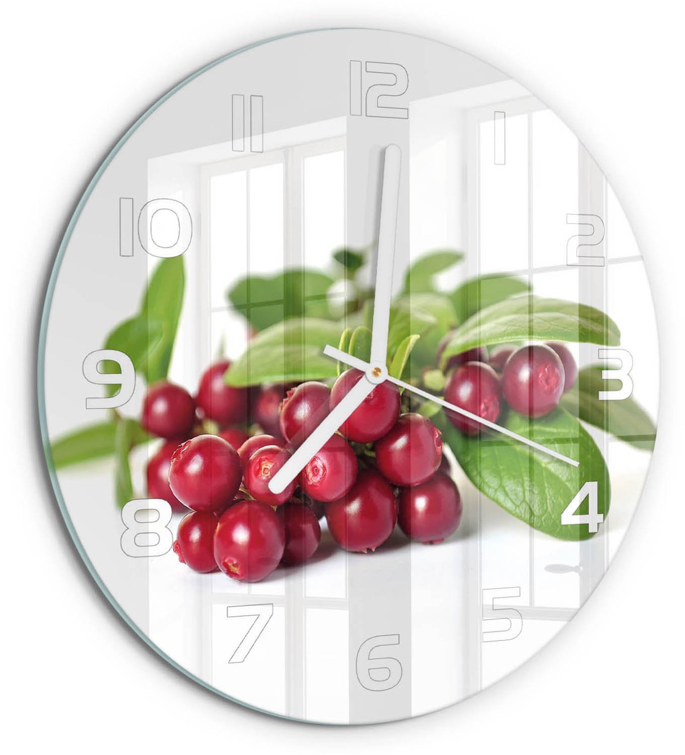 TULUP Wandklok - Cranberries Gekleurde Glazen Klok - fi30 cm - Rood Glazen Klok Met Print - Witte handen - Ronde Klok - Moderne Wandklok Glas - Wandklok Glas Decoratie