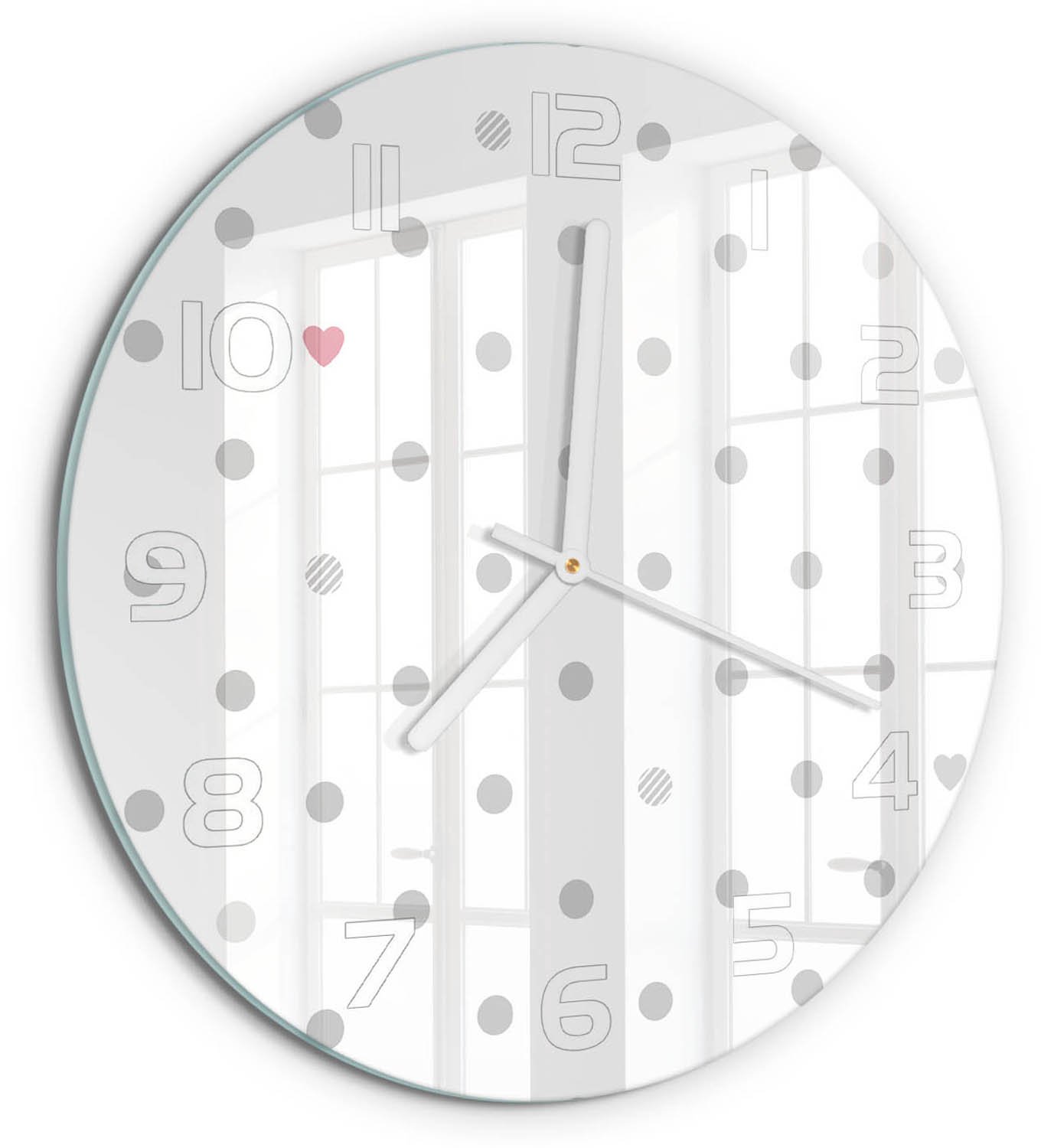 TULUP Wandklok - Stippen en harten Moderne Wandklok Glas - fi30 cm - Grijs Wandklok Glas Decoratie - Witte handen - Ronde Klok - Glazen Wandklok Design - Klok Glas Met Opdruk