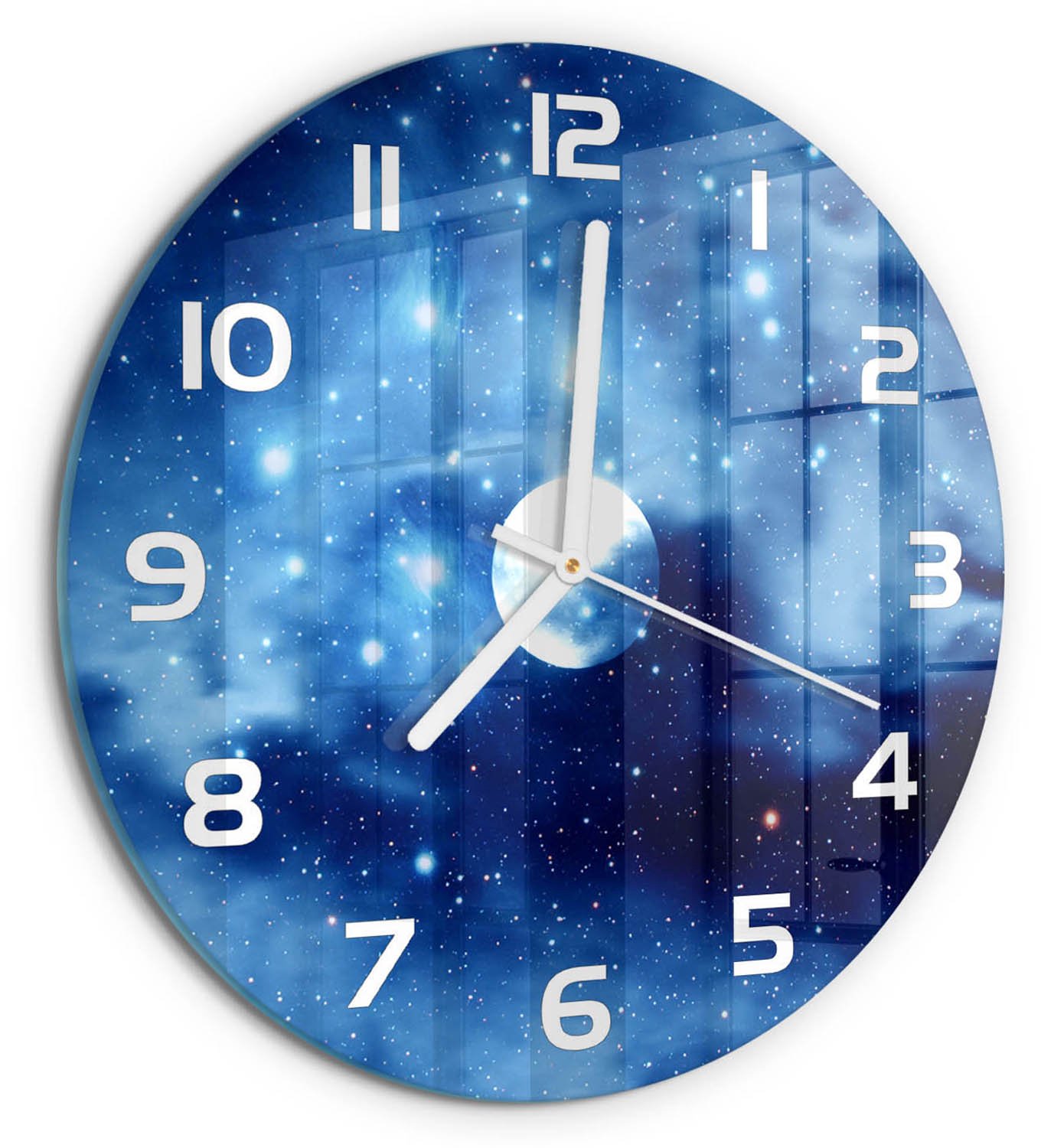 TULUP Wandklok - Volle maan Glazen Klok Met Print - fi30 cm - Blauw Wandklok Glas Met Motief - Witte handen - Ronde Klok - Wandklok Glas Decoratie - Gekleurde Glazen Klok