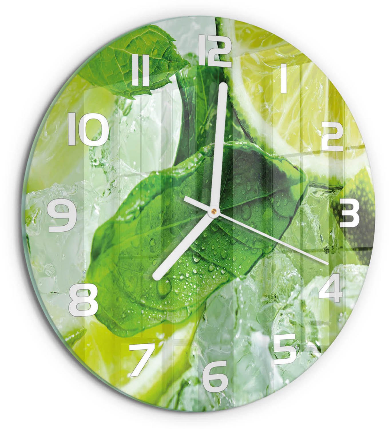 TULUP Wandklok - Limoen met ijs Wandklok Glas Decoratie - fi30 cm - Groente Gekleurde Glazen Klok - Witte handen - Ronde Klok - Klok Glas Met Opdruk - Moderne Wandklok Glas