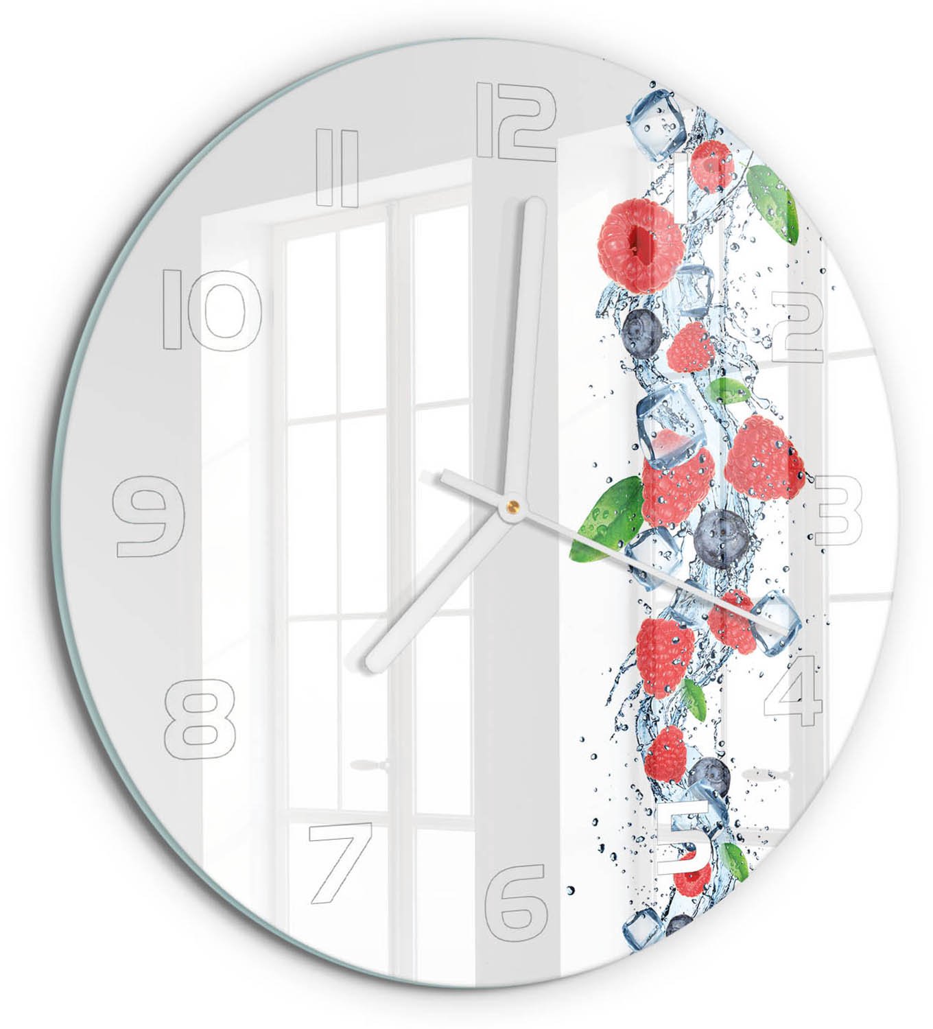 TULUP Wandklok - Bosvruchten met ijs Glazen Wandklok Design - fi30 cm - Rood Klok Glas Met Opdruk - Witte handen - Ronde Klok - Wandklok Glas Met Motief - Decoratieve Glazen Klok