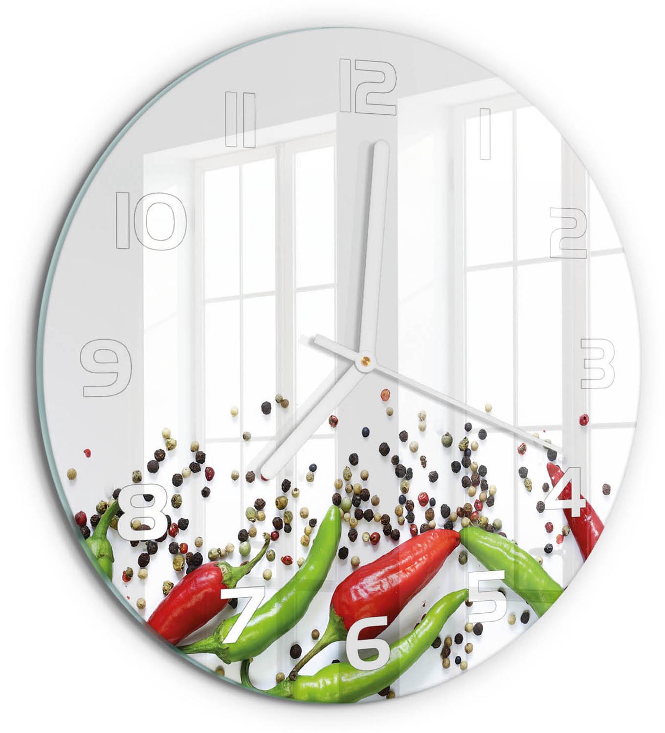 TULUP Wandklok - Chilipepers Wandklok Glas Decoratie - fi30 cm - Veelkleurig Gekleurde Glazen Klok - Witte handen - Ronde Klok - Klok Glas Met Opdruk - Moderne Wandklok Glas