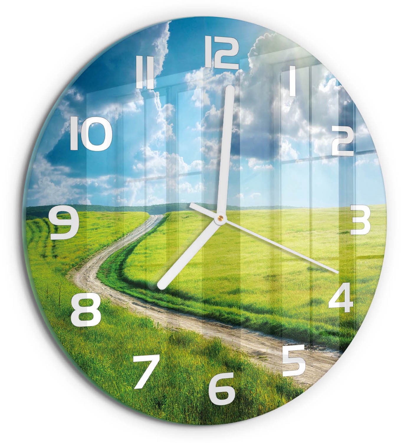 TULUP Wandklok - Pad in de weide Gekleurde Glazen Klok - fi30 cm - Groente Glazen Klok Met Print - Witte handen - Ronde Klok - Moderne Wandklok Glas - Wandklok Glas Decoratie