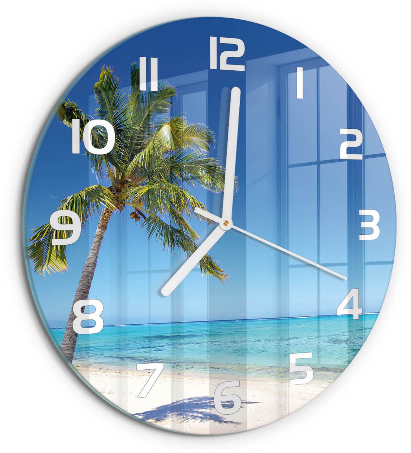 TULUP Wandklok - Tropisch strand Wandklok Glas Met Motief - fi30 cm - Blauw Decoratieve Glazen Klok - Witte handen - Ronde Klok - Gekleurde Glazen Klok - Glazen Klok Met Print