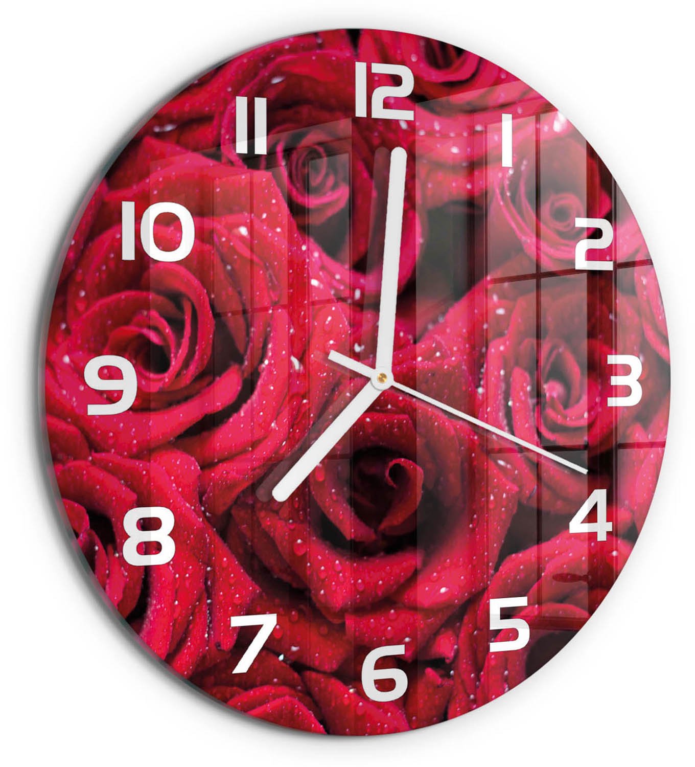 TULUP Wandklok - Druppels op rozen Moderne Wandklok Glas - fi30 cm - Rood Wandklok Glas Decoratie - Witte handen - Ronde Klok - Glazen Wandklok Design - Klok Glas Met Opdruk