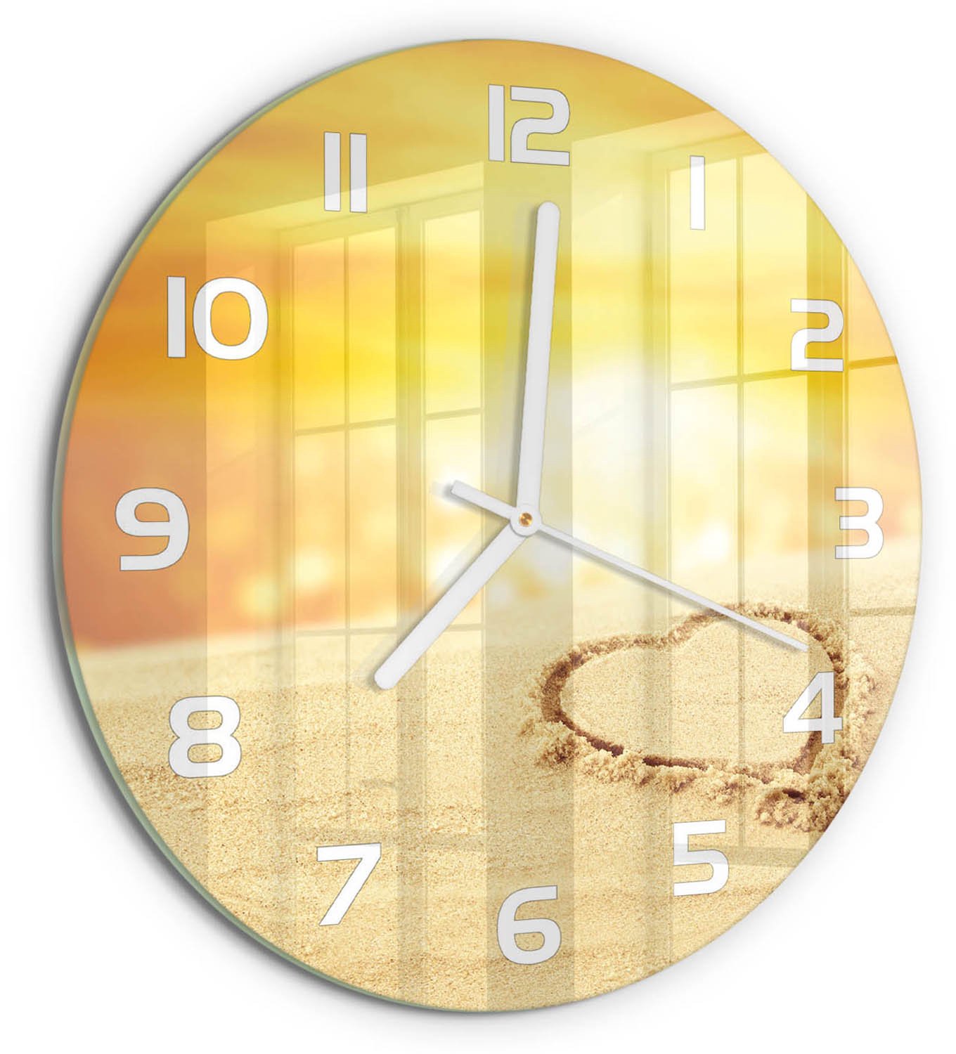 TULUP Wandklok - Hart in het zand Wandklok Glas Decoratie - fi30 cm - Geel Gekleurde Glazen Klok - Witte handen - Ronde Klok - Klok Glas Met Opdruk - Moderne Wandklok Glas
