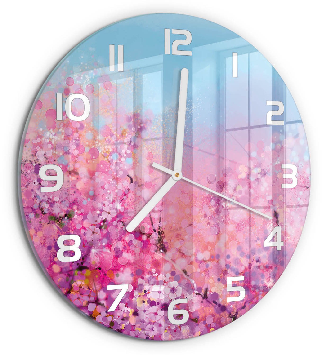 TULUP Wandklok - Kersenbloesem Klok Glas Met Opdruk - fi30 cm - Roze Moderne Wandklok Glas - Witte handen - Ronde Klok - Decoratieve Glazen Klok - Glazen Wandklok Design