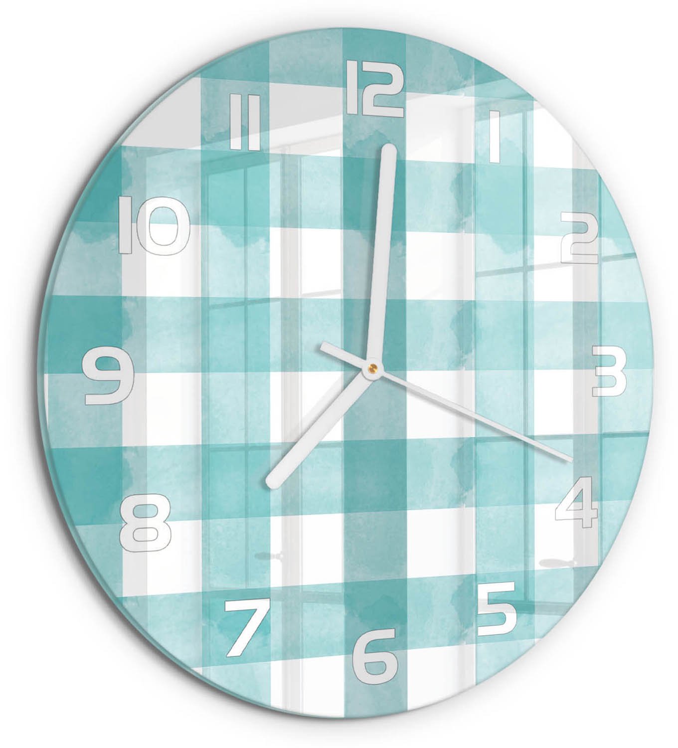 TULUP Wandklok - Blauw raster Wandklok Glas Decoratie - fi30 cm - Blauw Gekleurde Glazen Klok - Witte handen - Ronde Klok - Klok Glas Met Opdruk - Moderne Wandklok Glas