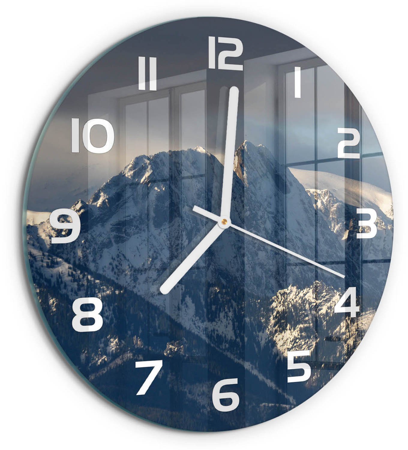 TULUP Wandklok - Giewont in de winter Glazen Klok Met Print - fi30 cm - Grijs Wandklok Glas Met Motief - Witte handen - Ronde Klok - Wandklok Glas Decoratie - Gekleurde Glazen Klok
