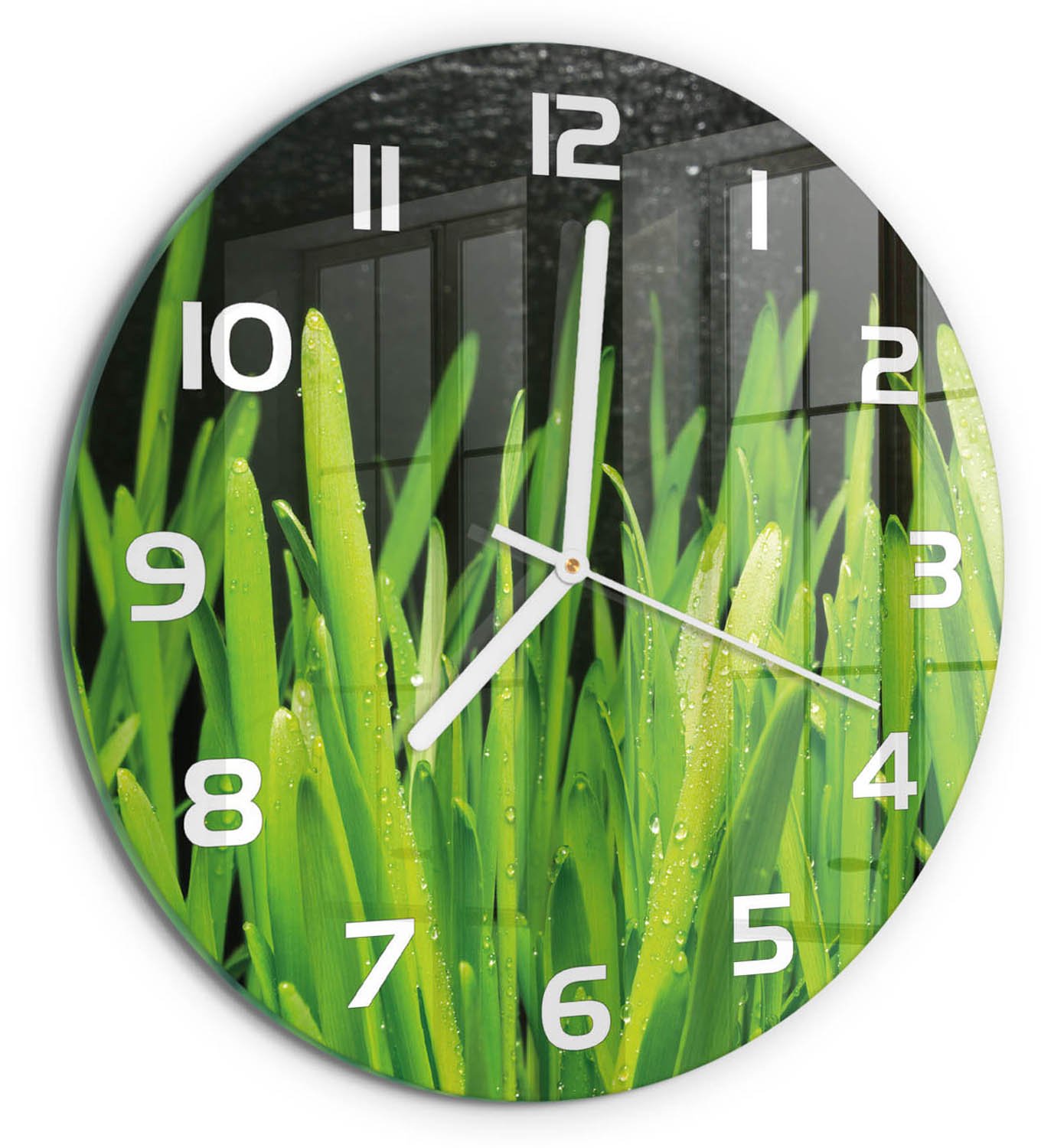 TULUP Wandklok - Gras Moderne Wandklok Glas - fi30 cm - Groente Wandklok Glas Decoratie - Witte handen - Ronde Klok - Glazen Wandklok Design - Klok Glas Met Opdruk
