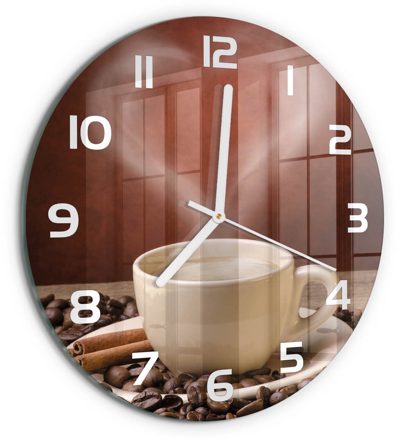 TULUP Wandklok - Aromatische koffie Decoratieve Glazen Klok - fi30 cm - Bruin Glazen Wandklok Design - Witte handen - Ronde Klok - Glazen Klok Met Print - Wandklok Glas Met Motief