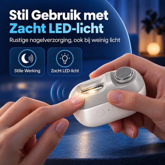 Stille elektrische nagelknipper met zacht LED-licht voor gebruik bij weinig licht.