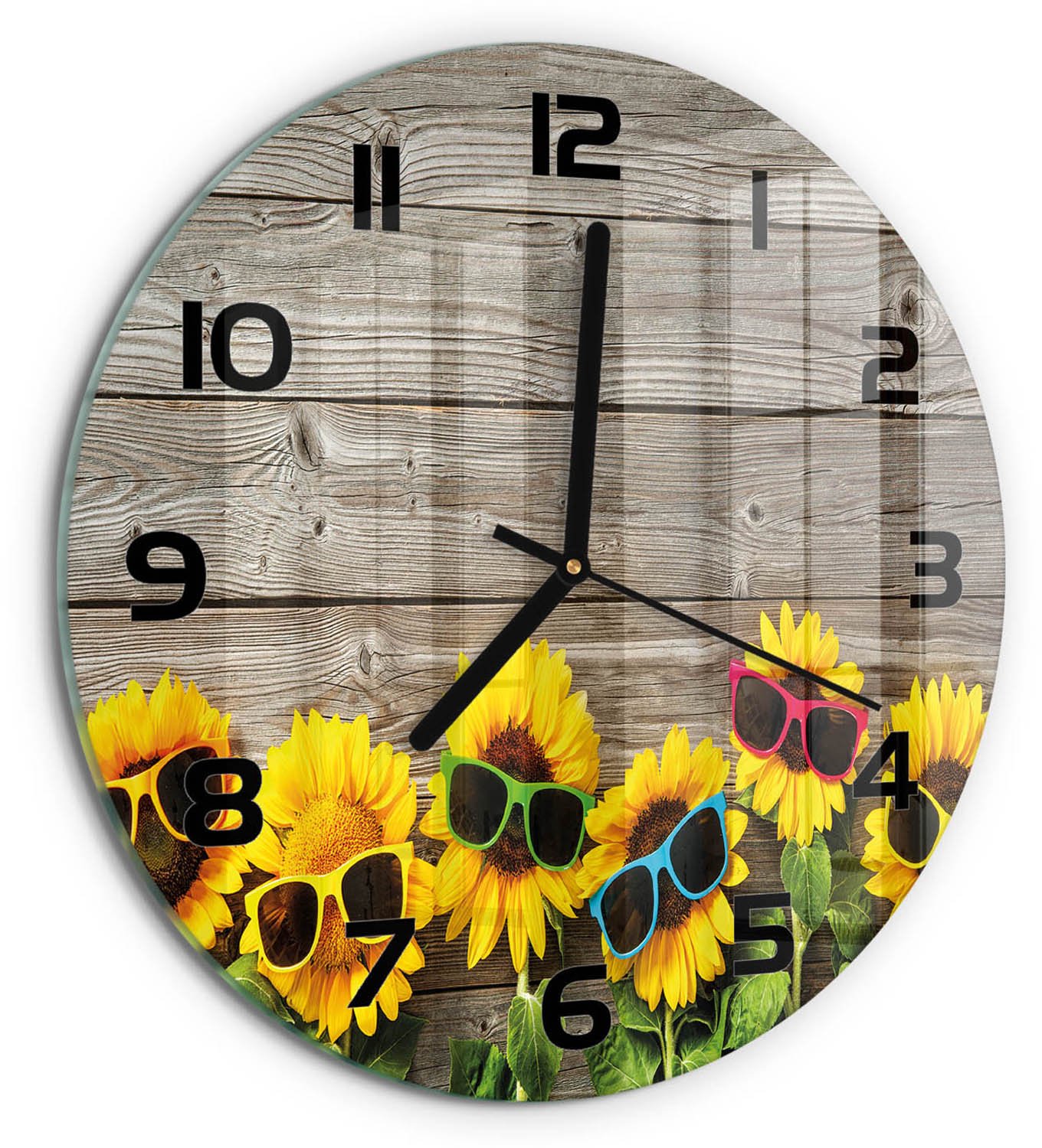 TULUP Wandklok - Zonnebloemen Klok Glas Met Opdruk - fi30 cm - Geel Moderne Wandklok Glas - Zwarte handen - Ronde Klok - Decoratieve Glazen Klok - Glazen Wandklok Design