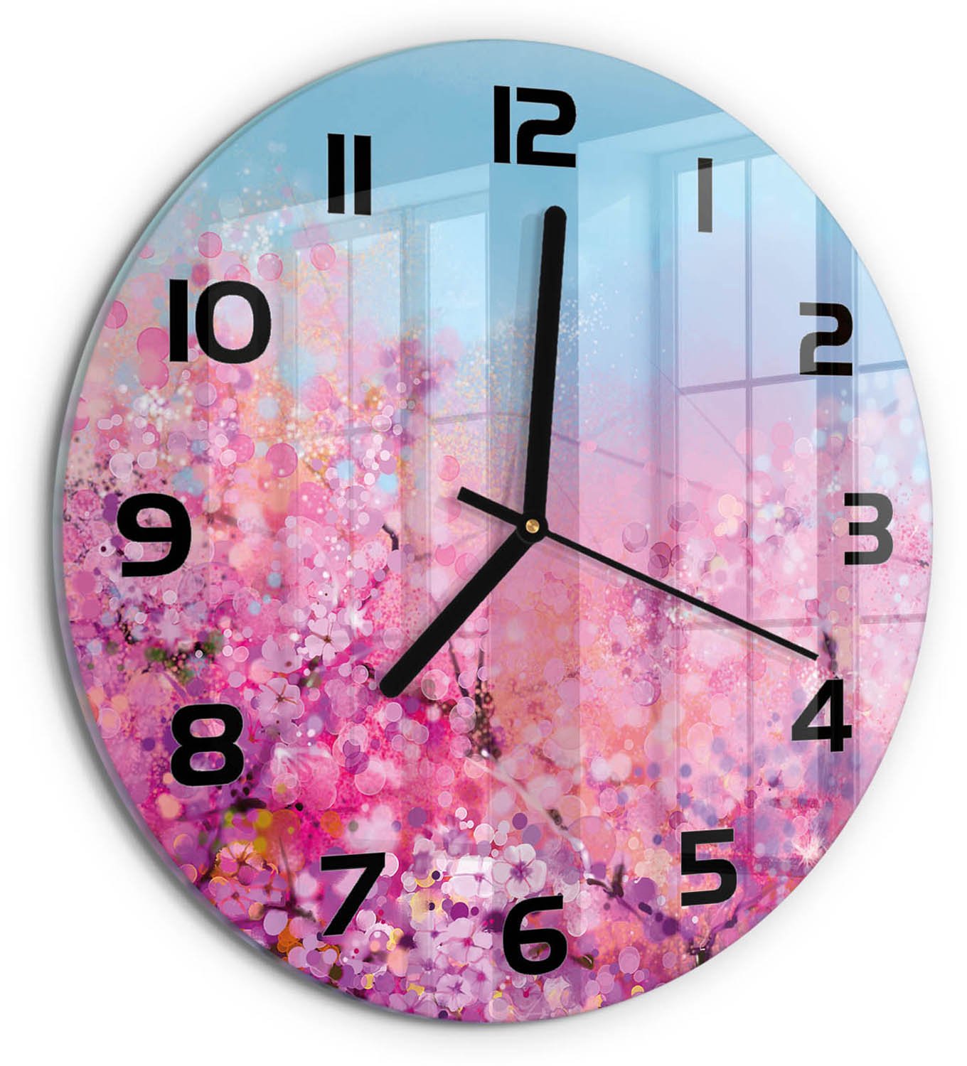 TULUP Wandklok - Kersenbloesem Gekleurde Glazen Klok - fi30 cm - Roze Glazen Klok Met Print - Zwarte handen - Ronde Klok - Moderne Wandklok Glas - Wandklok Glas Decoratie